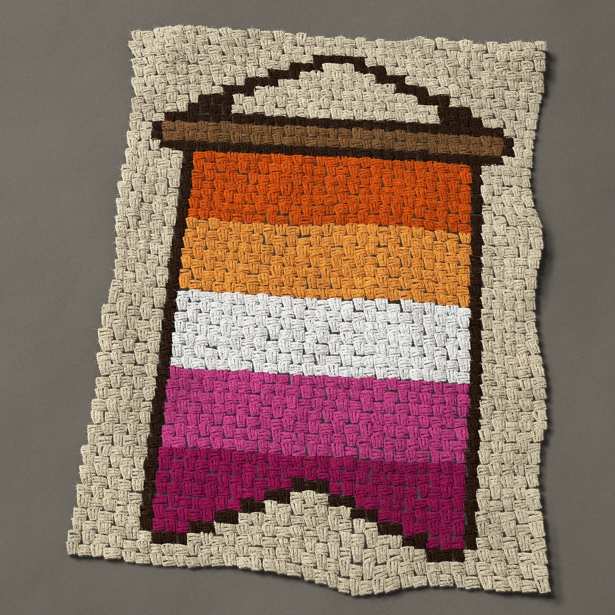 A baby blanket worked corner to corner, 27¾ by 38 inches: Lesbian pride flag wall banner with a swallowtail, 37 by 51 blocks