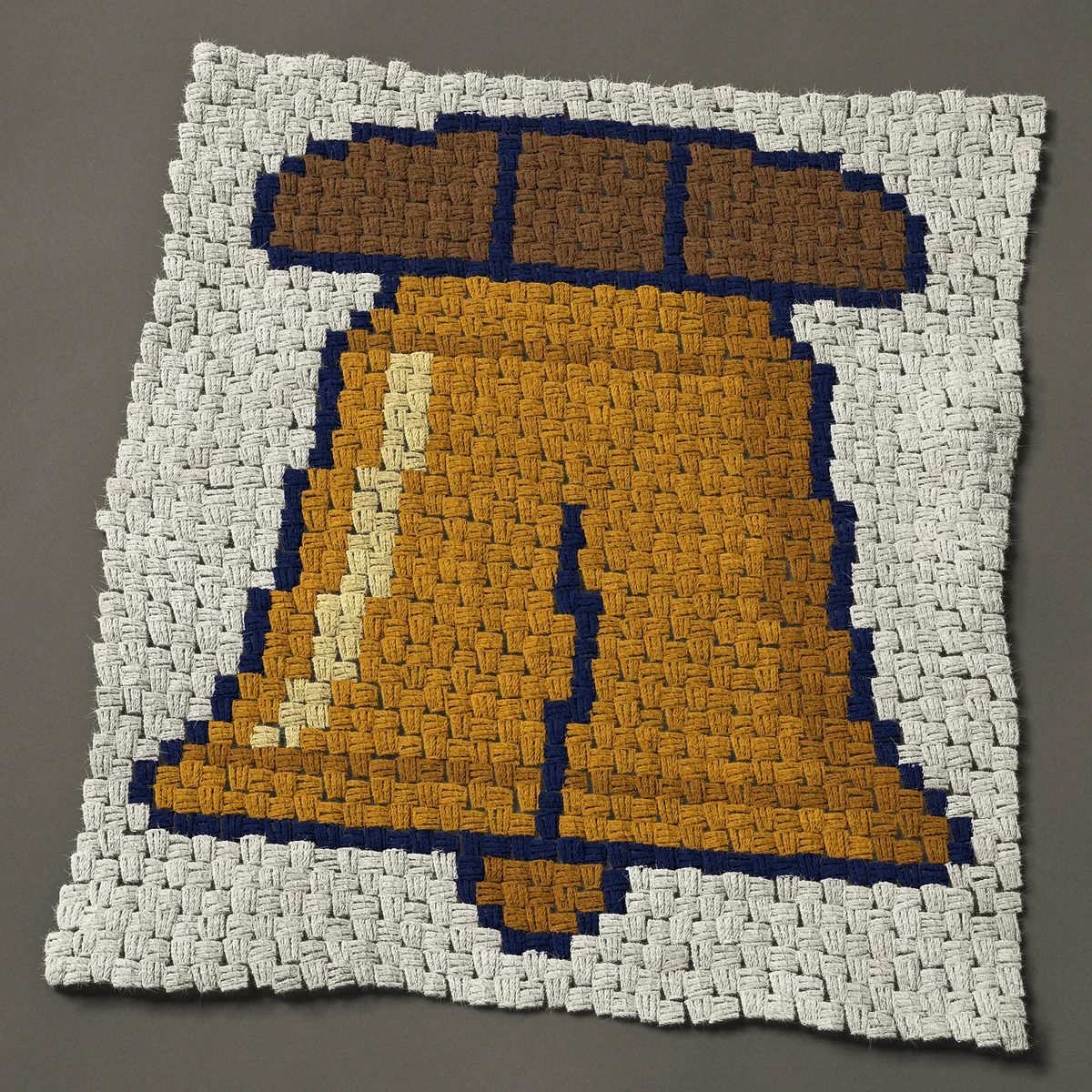 A panel worked corner to corner, 29¼ by 33 inches: Liberty Bell with its crack on a wooden yoke, 39 by 44 blocks