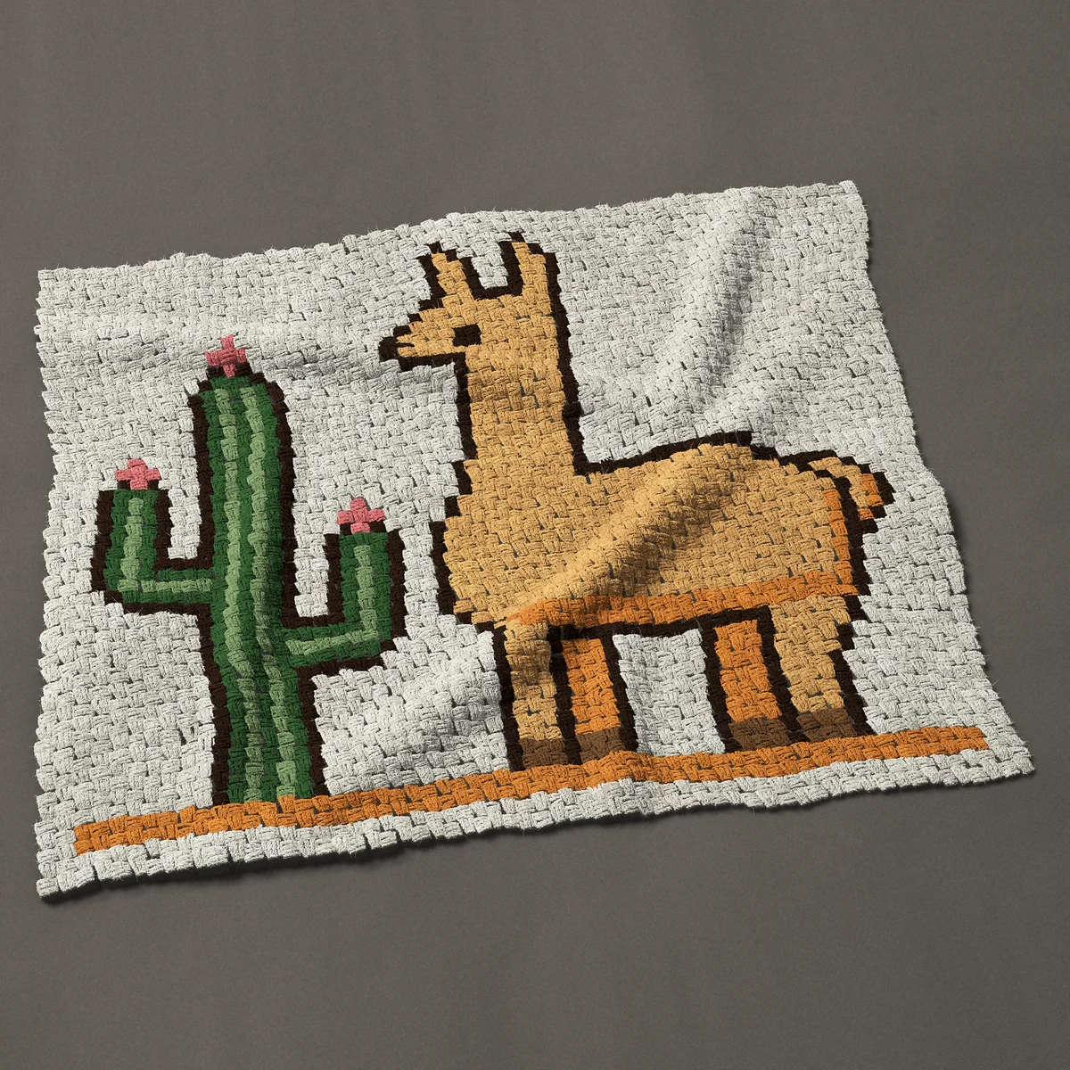 A baby blanket worked corner to corner, 46½ by 39½ inches: Llama or alpaca with a flowering saguaro cactus, 62 by 53 blocks