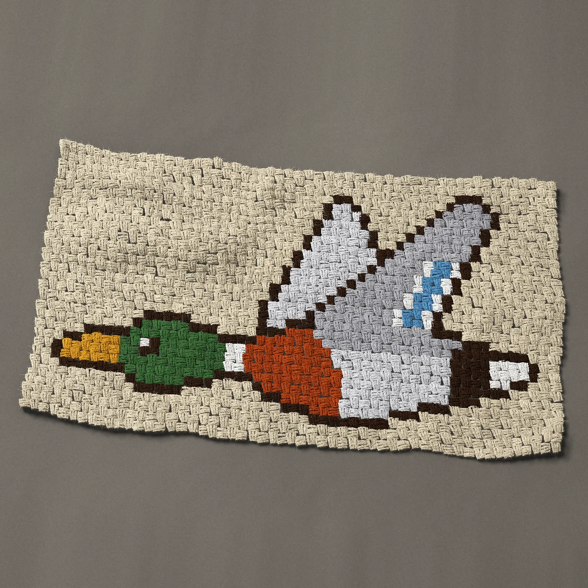 A panel worked corner to corner, 40½ by 23¼ inches: Mallard duck flying, a drake with both wings raised, 54 by 31 blocks