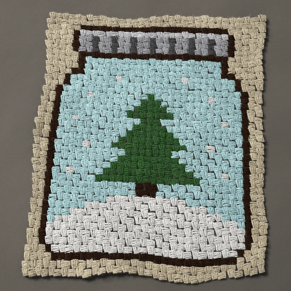 A panel worked corner to corner, 24¾ by 30¾ inches: Mason jar snow globe with a pine tree in the snow, 33 by 41 blocks
