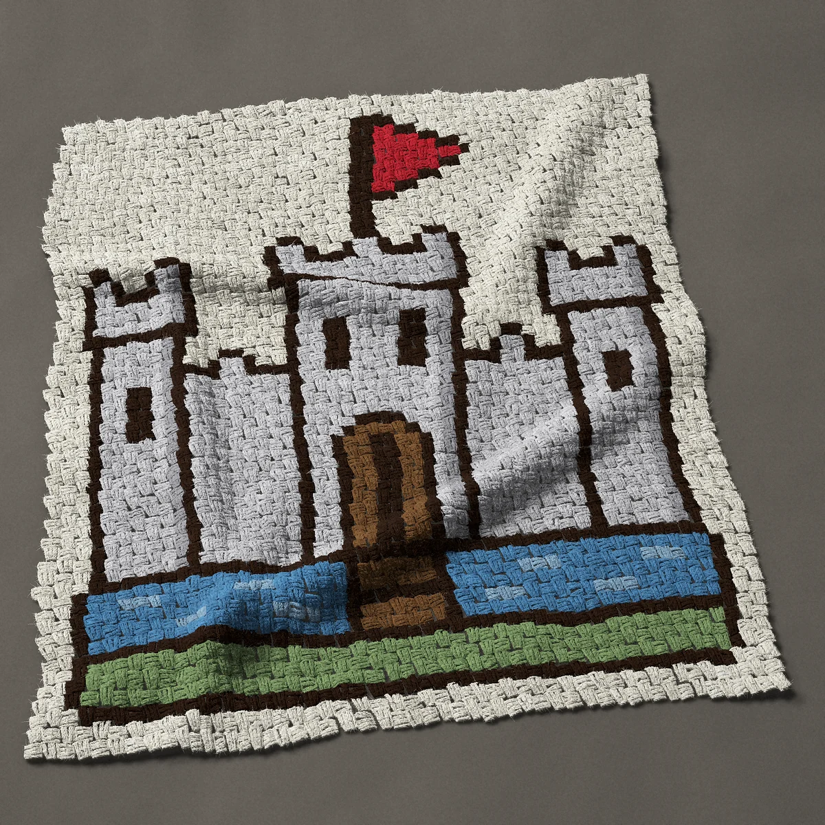 A baby blanket worked corner to corner, 39 by 44 inches: Medieval stone castle with moat, drawbridge and flag, 52 by 59 blocks