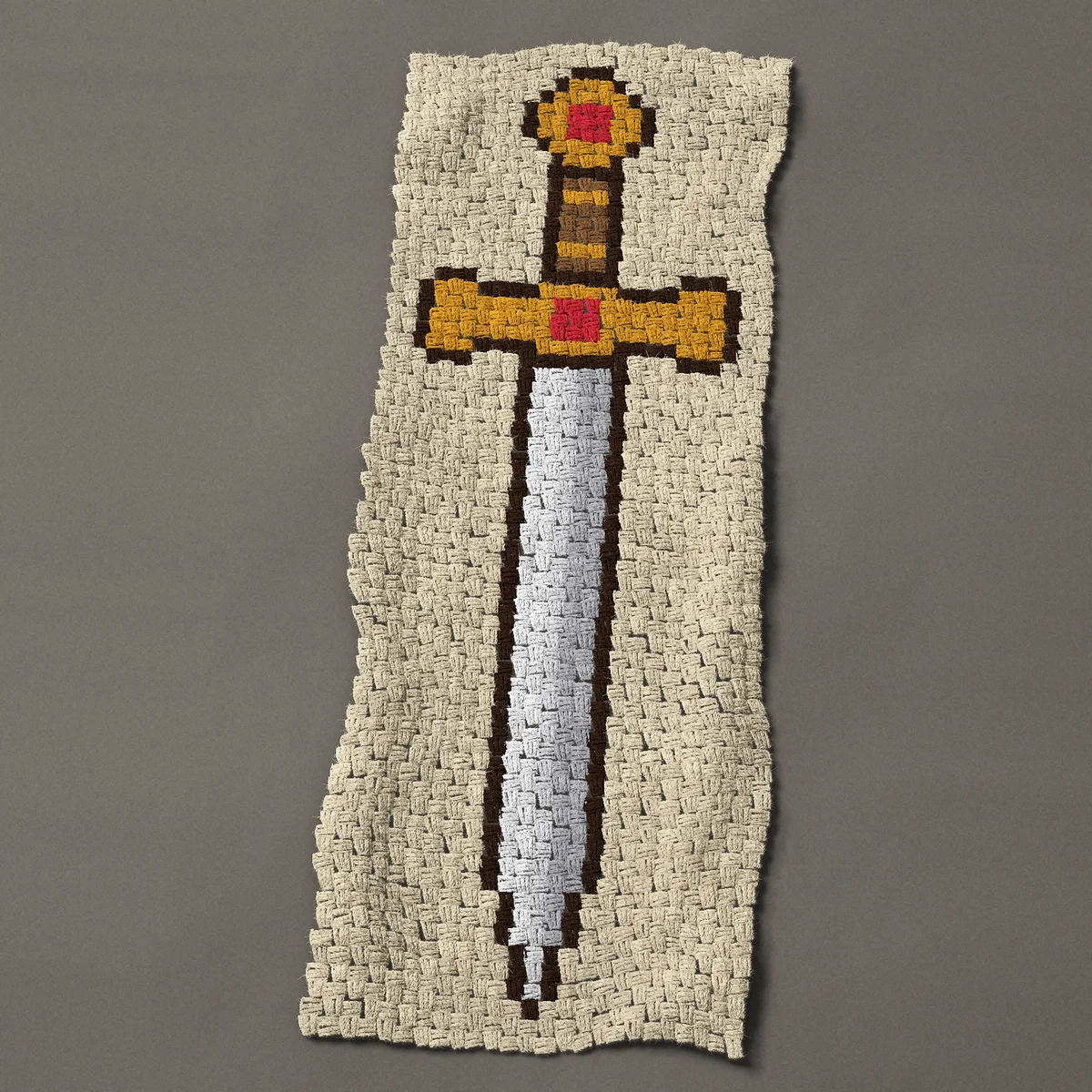 A panel worked corner to corner, 18¾ by 51 inches: Medieval sword, point down, gold hilt and red jewels, 25 by 68 blocks
