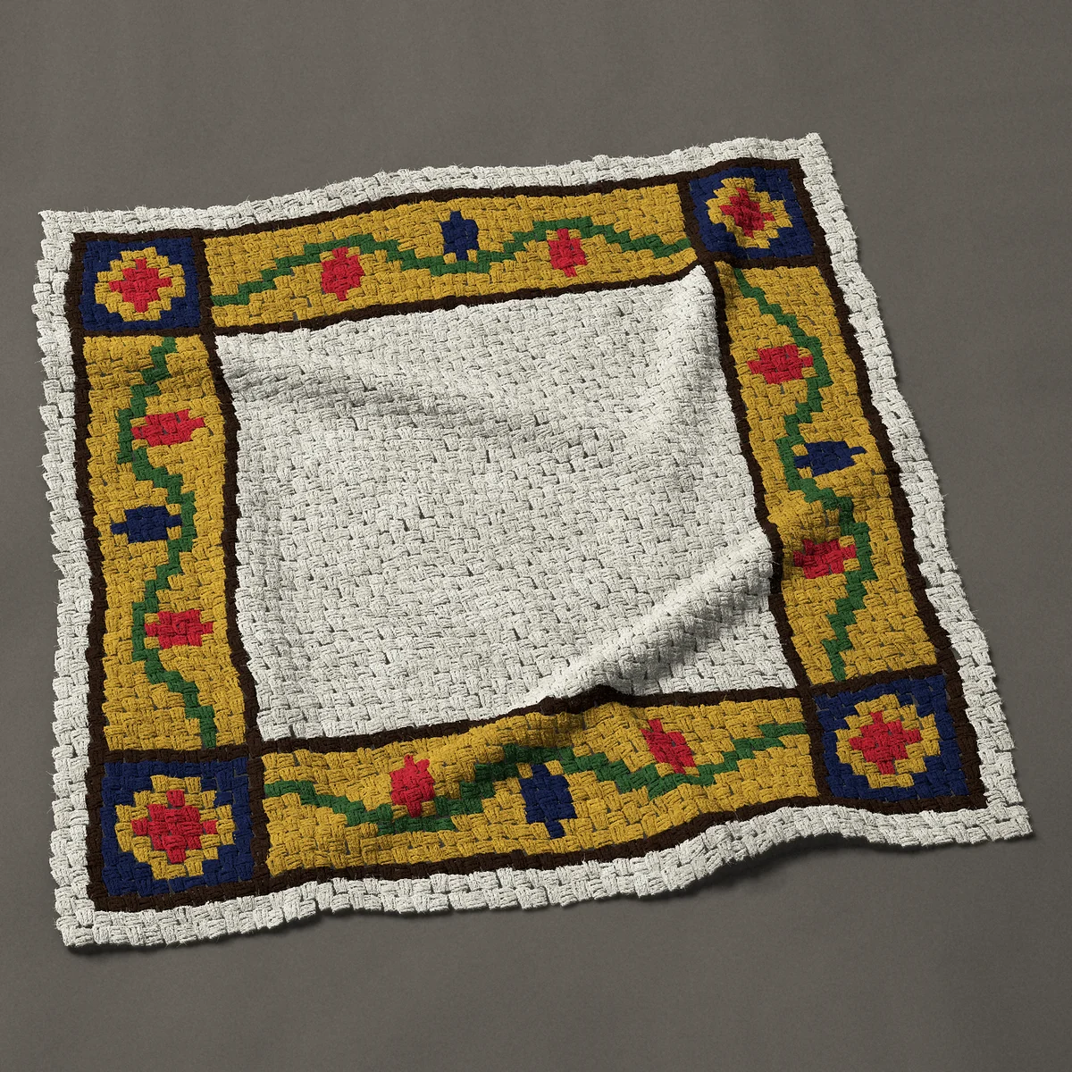 A panel worked corner to corner, 47 by 47 inches: Medieval vine border frame, gold with red and blue, 63 by 63 blocks