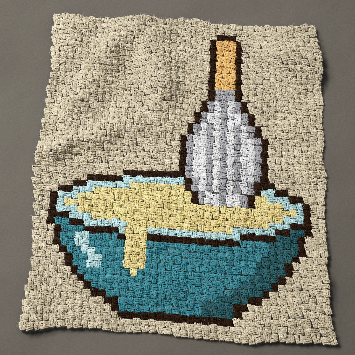A baby blanket worked corner to corner, 30¾ by 37½ inches: Baking: a mixing bowl of batter with a whisk, 41 by 50 blocks