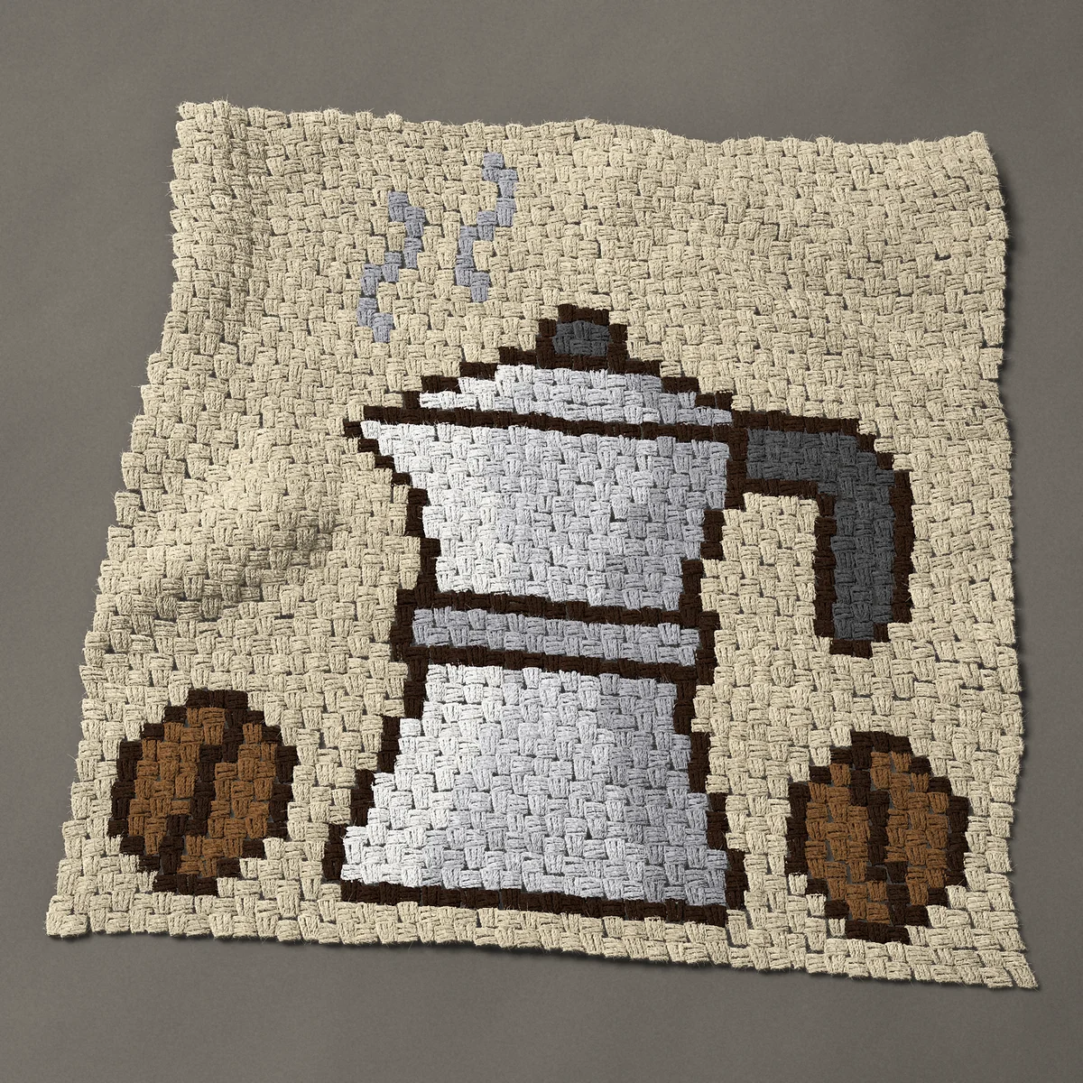 A baby blanket worked corner to corner, 35¼ by 36¾ inches: Moka coffee pot with steam and two coffee beans, 47 by 49 blocks
