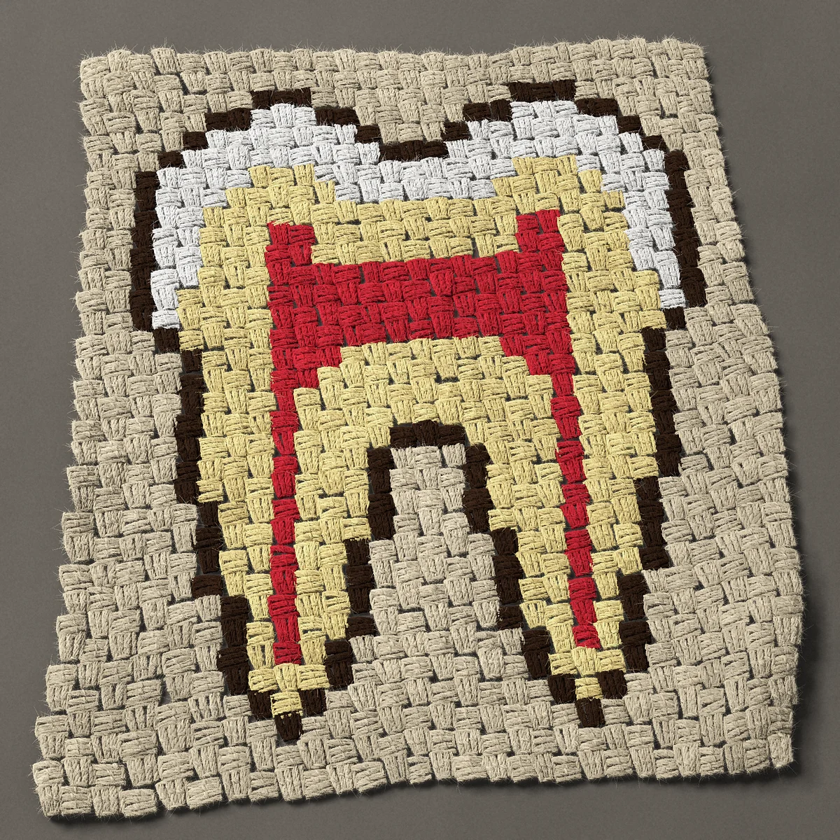 A panel worked corner to corner, 21¾ by 25½ inches: Anatomical tooth: molar cut in half with red pulp, 29 by 34 blocks