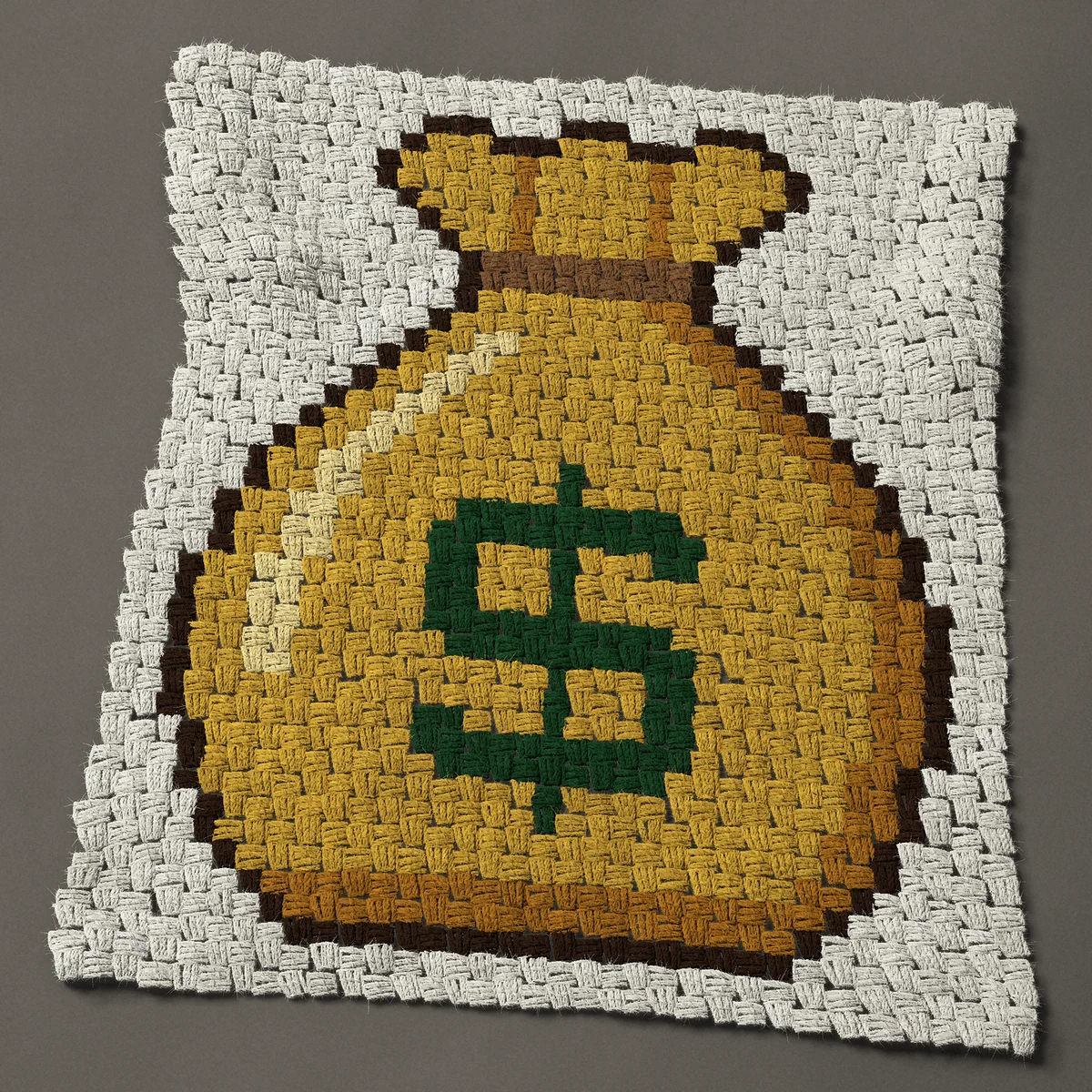 A panel worked corner to corner, 26¼ by 31½ inches: Money bag with a green dollar sign, 35 by 42 blocks