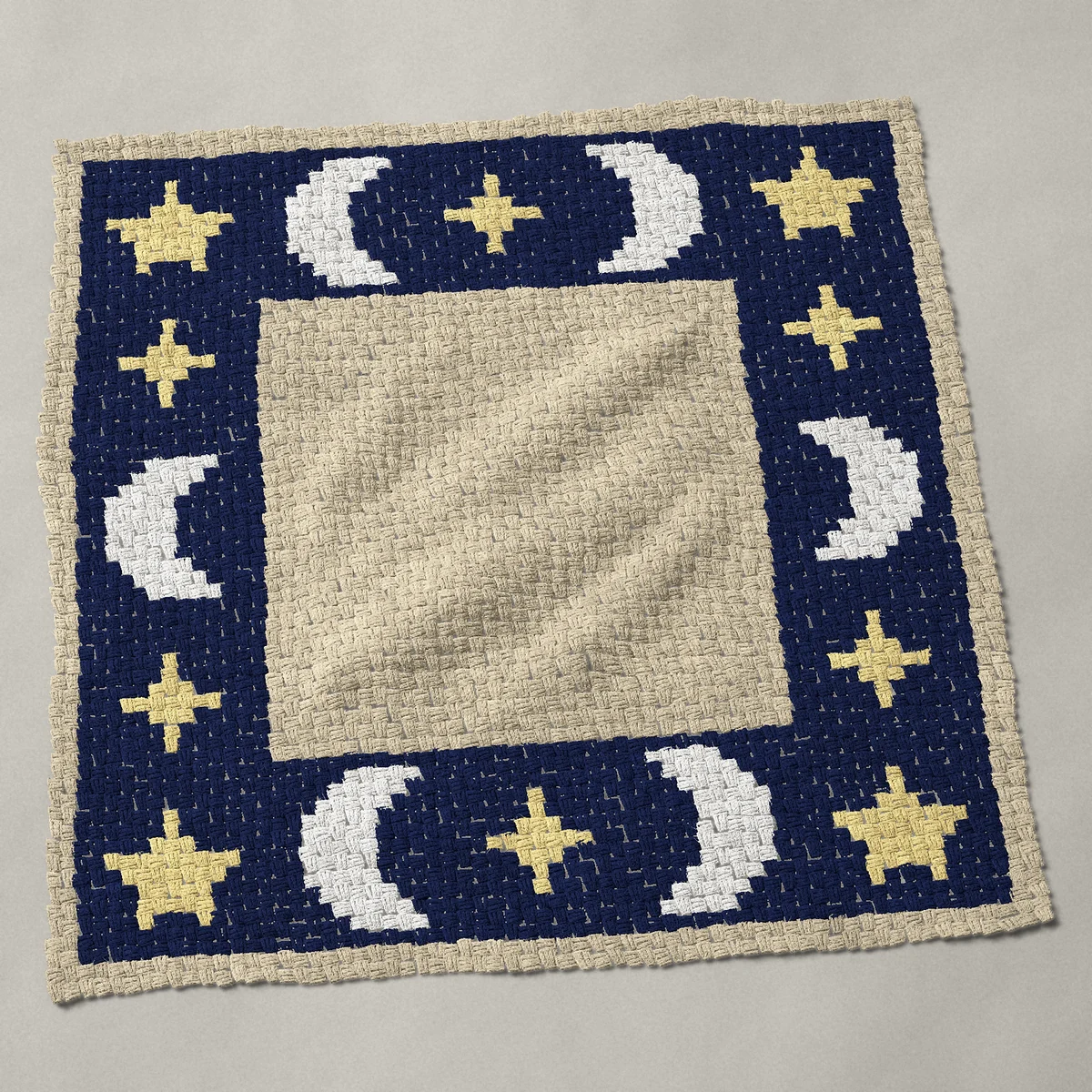 A panel worked corner to corner, 48½ by 48½ inches: Moon and stars border frame in navy, gold and white, 65 by 65 blocks