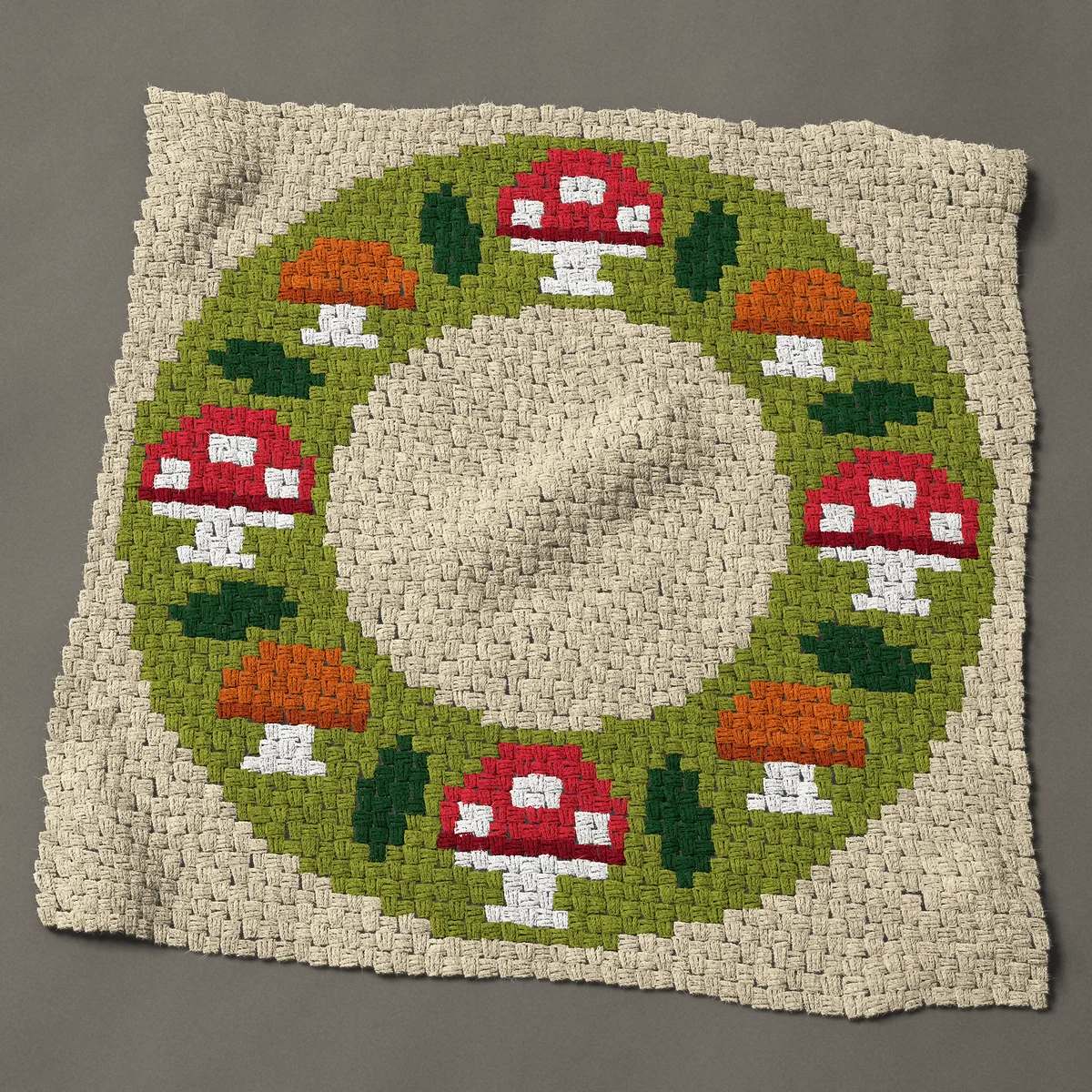 A panel worked corner to corner, 44 by 44 inches: Mushroom wreath with red toadstools on a green ring, 59 by 59 blocks