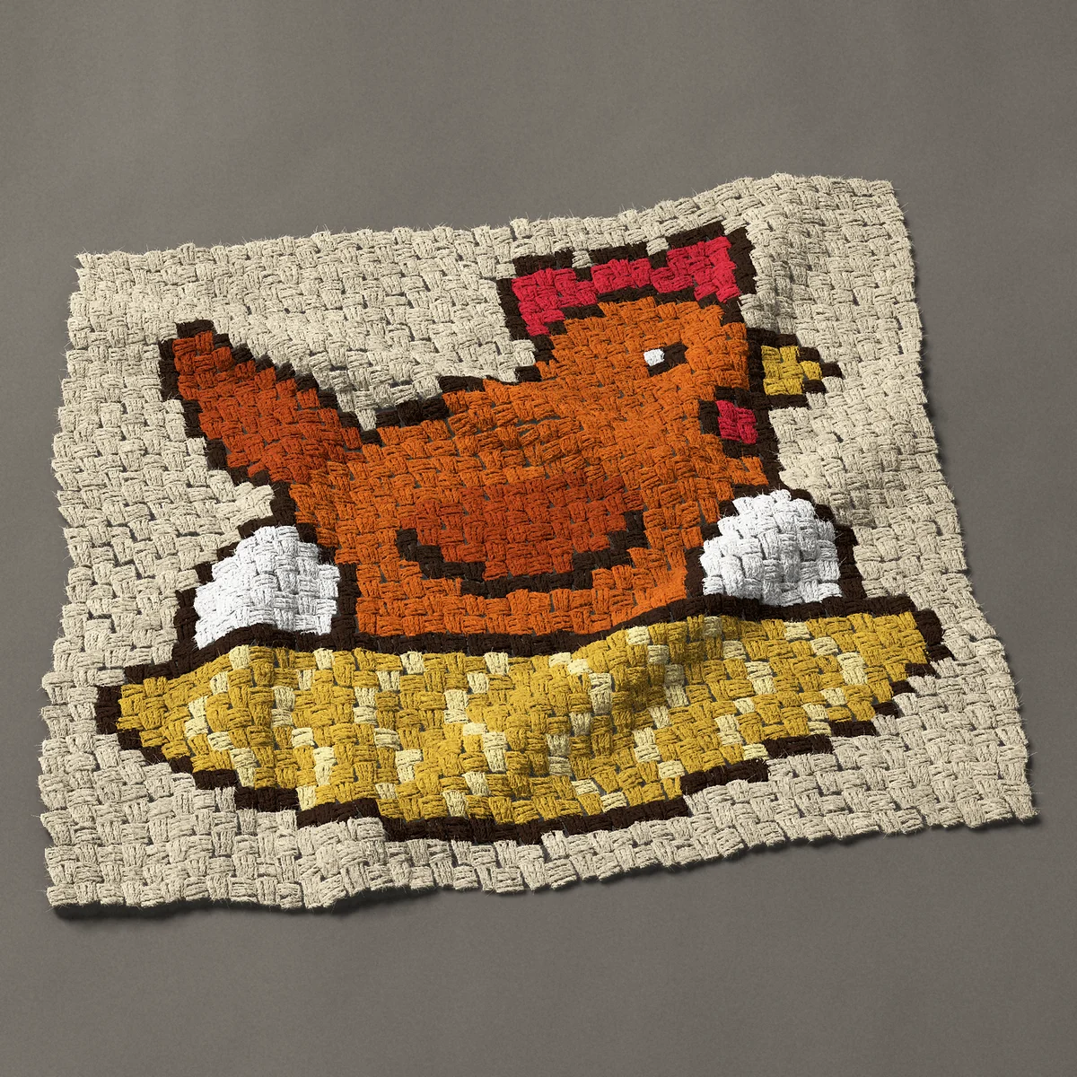 A panel worked corner to corner, 33 by 30 inches: Nesting hen on a straw nest with two eggs, 44 by 40 blocks