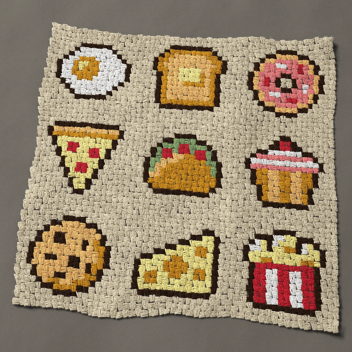 A baby blanket worked corner to corner, 40½ by 40½ inches: Nine foods: pizza, taco, donut and more, 54 by 54 blocks