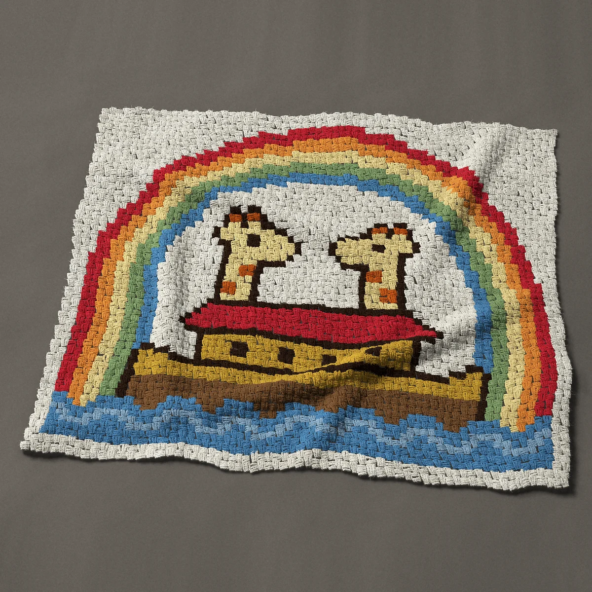 A panel worked corner to corner, 51 by 44 inches: Noah's ark with two giraffes under a rainbow, 68 by 59 blocks