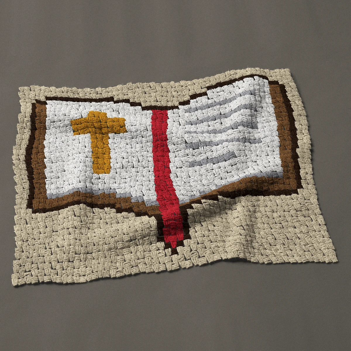 A baby blanket worked corner to corner, 38 by 29¼ inches: Open Bible with a gold cross and red ribbon, 51 by 39 blocks
