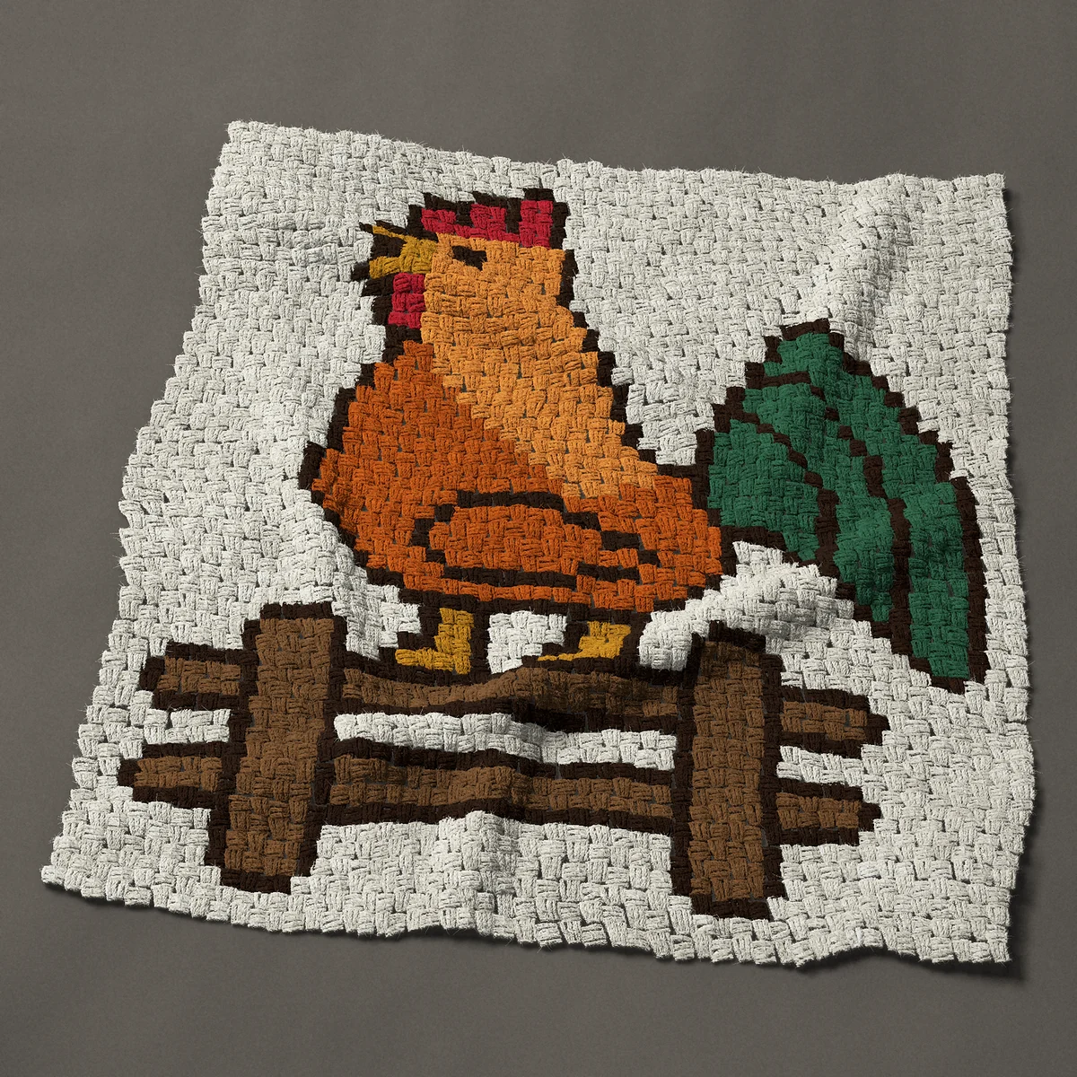 A baby blanket worked corner to corner, 37½ by 41 inches: Orange rooster with a green tail crowing on a fence, 50 by 55 blocks