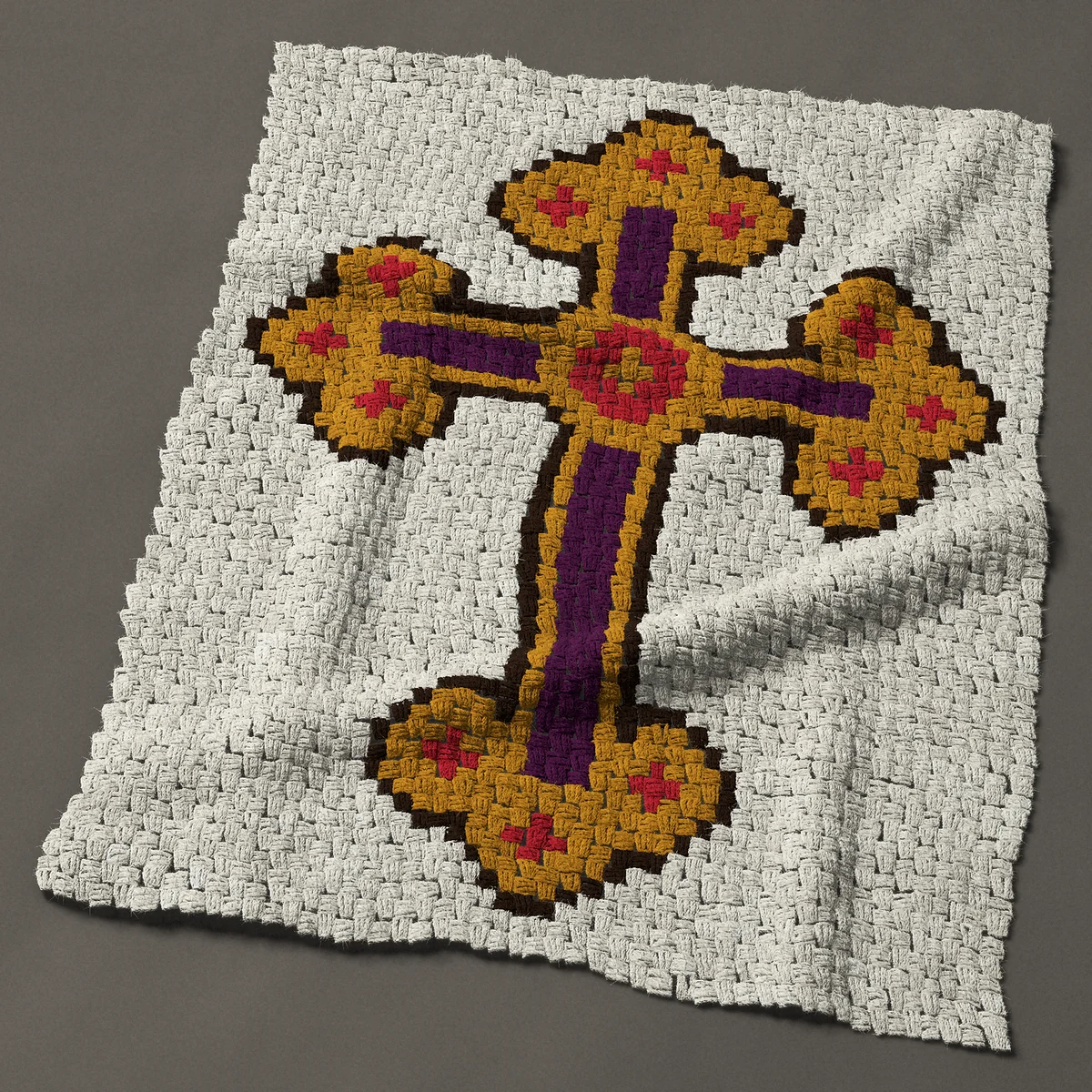 A lap blanket worked corner to corner, 36¾ by 47 inches: Ornate gold cross with purple bands and red jewels, 49 by 63 blocks