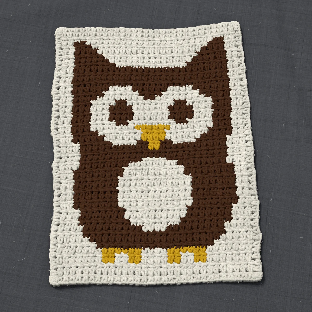A panel in single crochet, 9.2 by 13.1 inches: an owl in dark brown and gold on a cream ground, 30 stitches by 49 rows