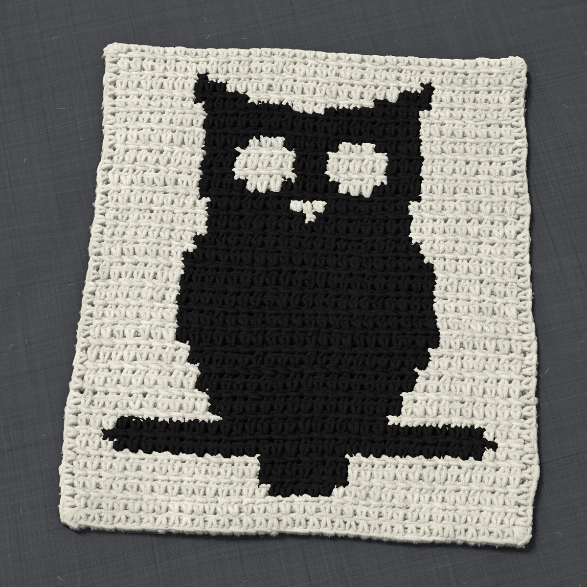 A panel in single crochet, 10.8 by 12.3 inches: an owl on a branch in black on a cream ground, 35 stitches by 46 rows
