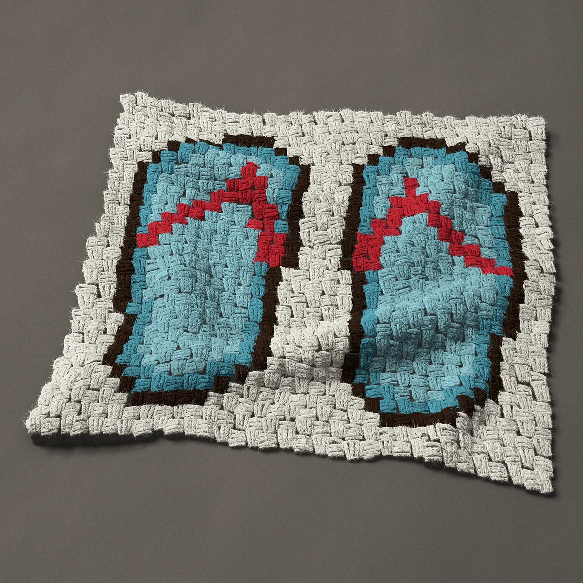 A panel worked corner to corner, 24¾ by 22½ inches: Pair of turquoise flip flops with red straps, 33 by 30 blocks