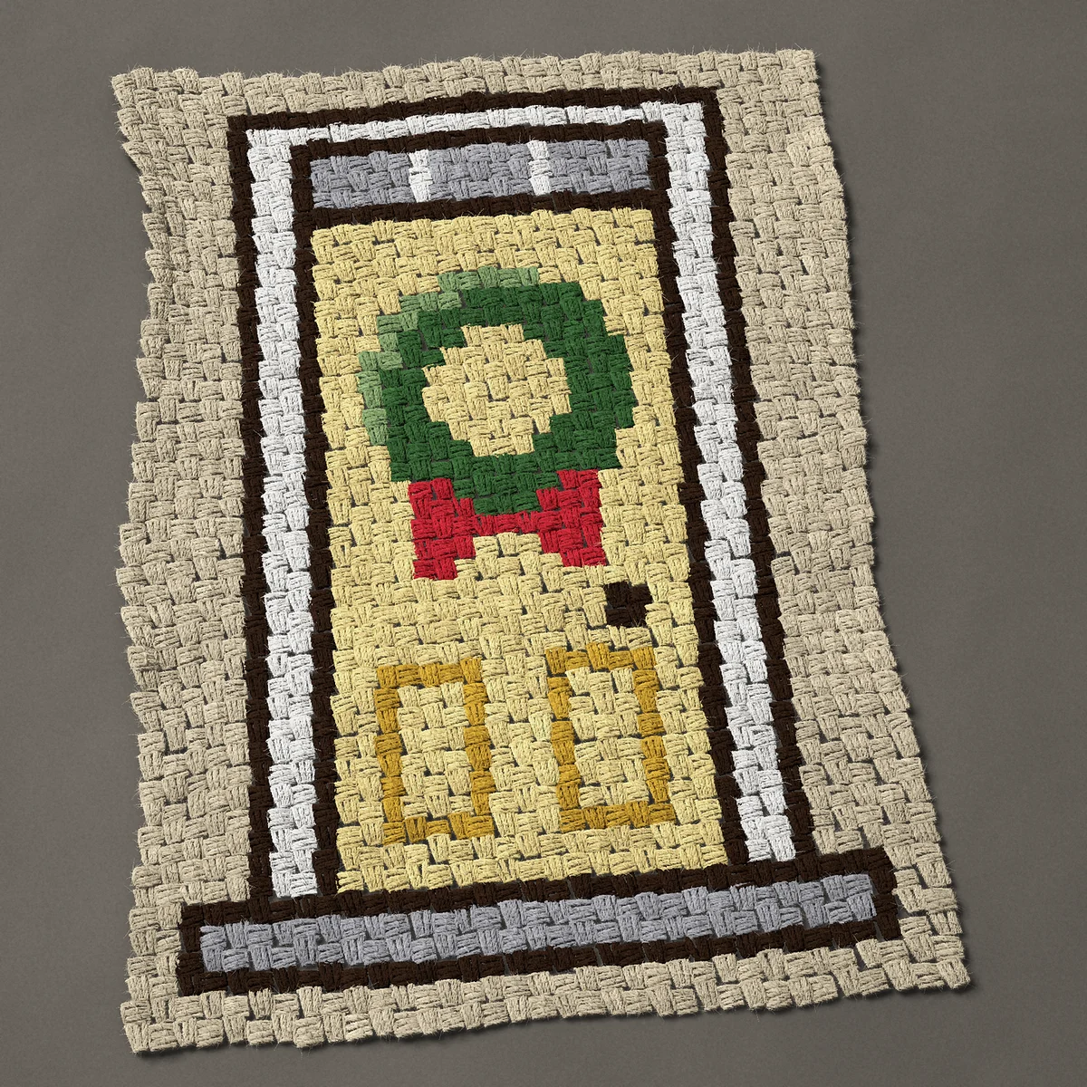 A panel worked corner to corner, 26¼ by 36 inches: Pale yellow front door with a green wreath and red bow, 35 by 48 blocks