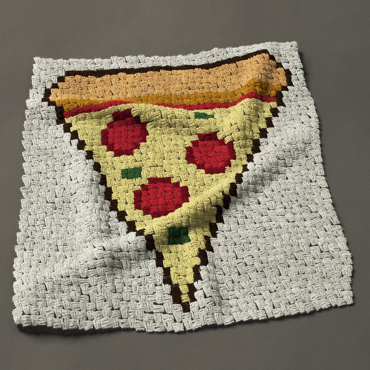 A panel worked corner to corner, 30¾ by 33¾ inches: Pepperoni pizza slice with green peppers, 41 by 45 blocks
