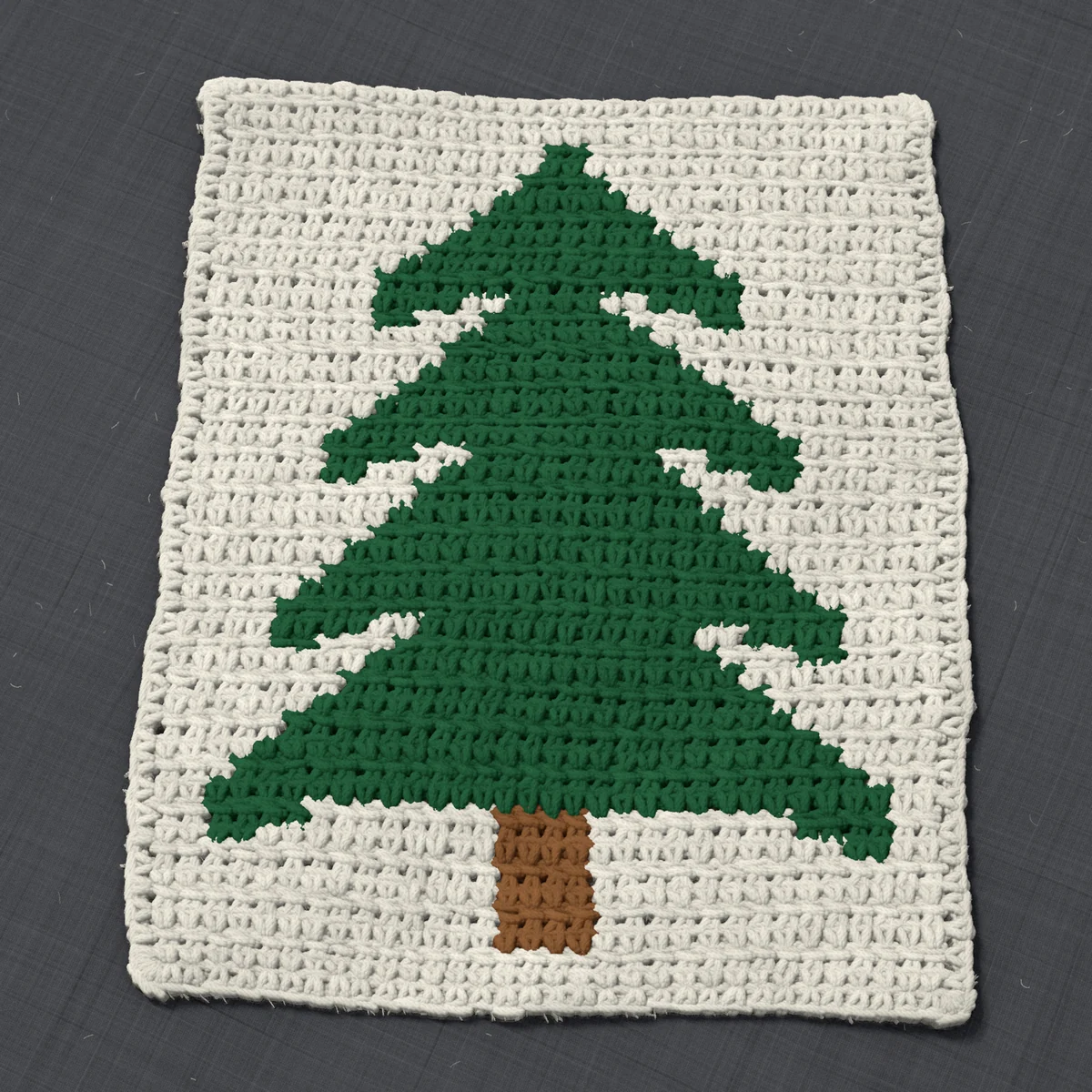A panel in single crochet, 9.8 by 12.3 inches: a pine tree in dark green and brown on a cream ground, 32 stitches by 46 rows