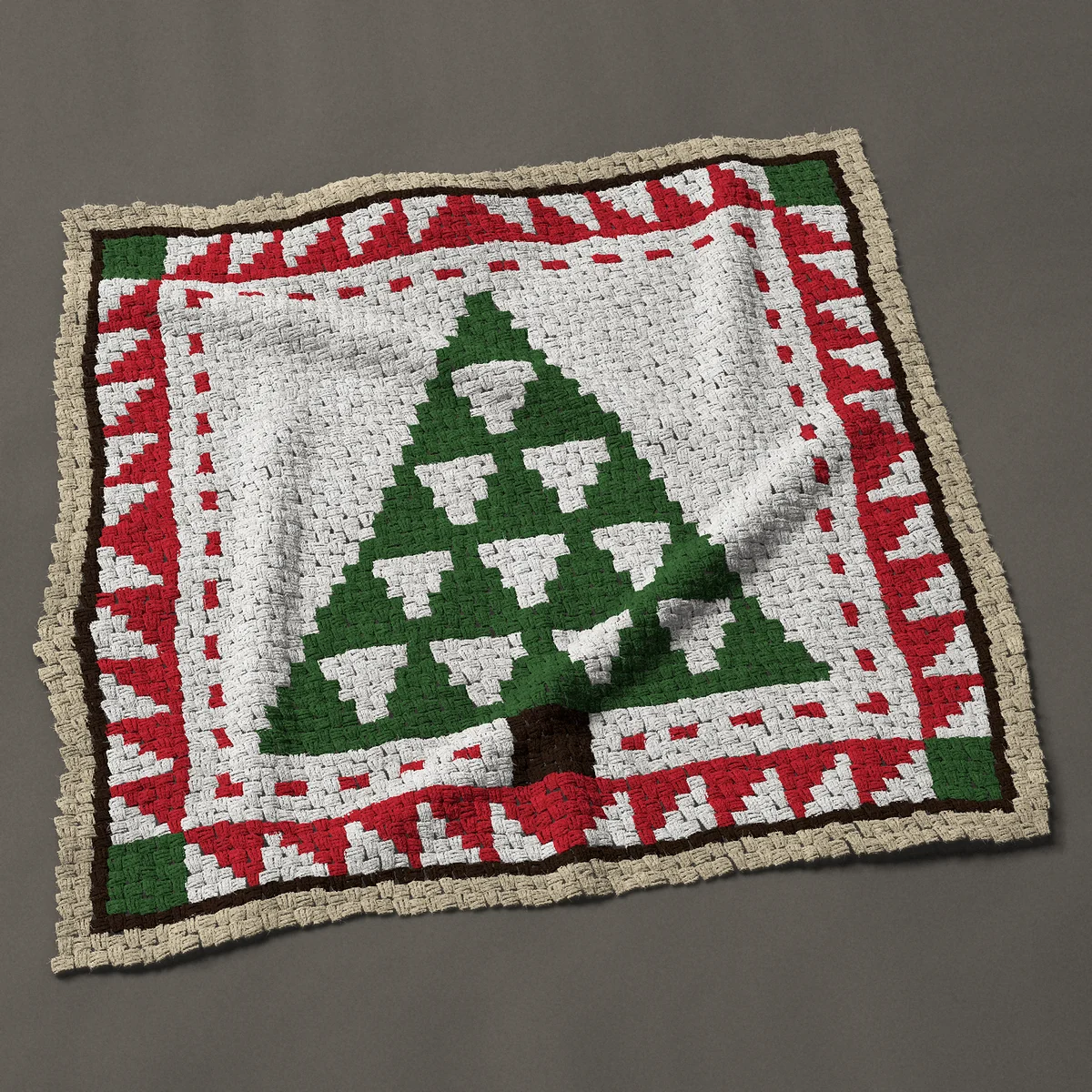 A panel worked corner to corner, 49½ by 49½ inches: Pine tree quilt block with a red sawtooth border, 66 by 66 blocks