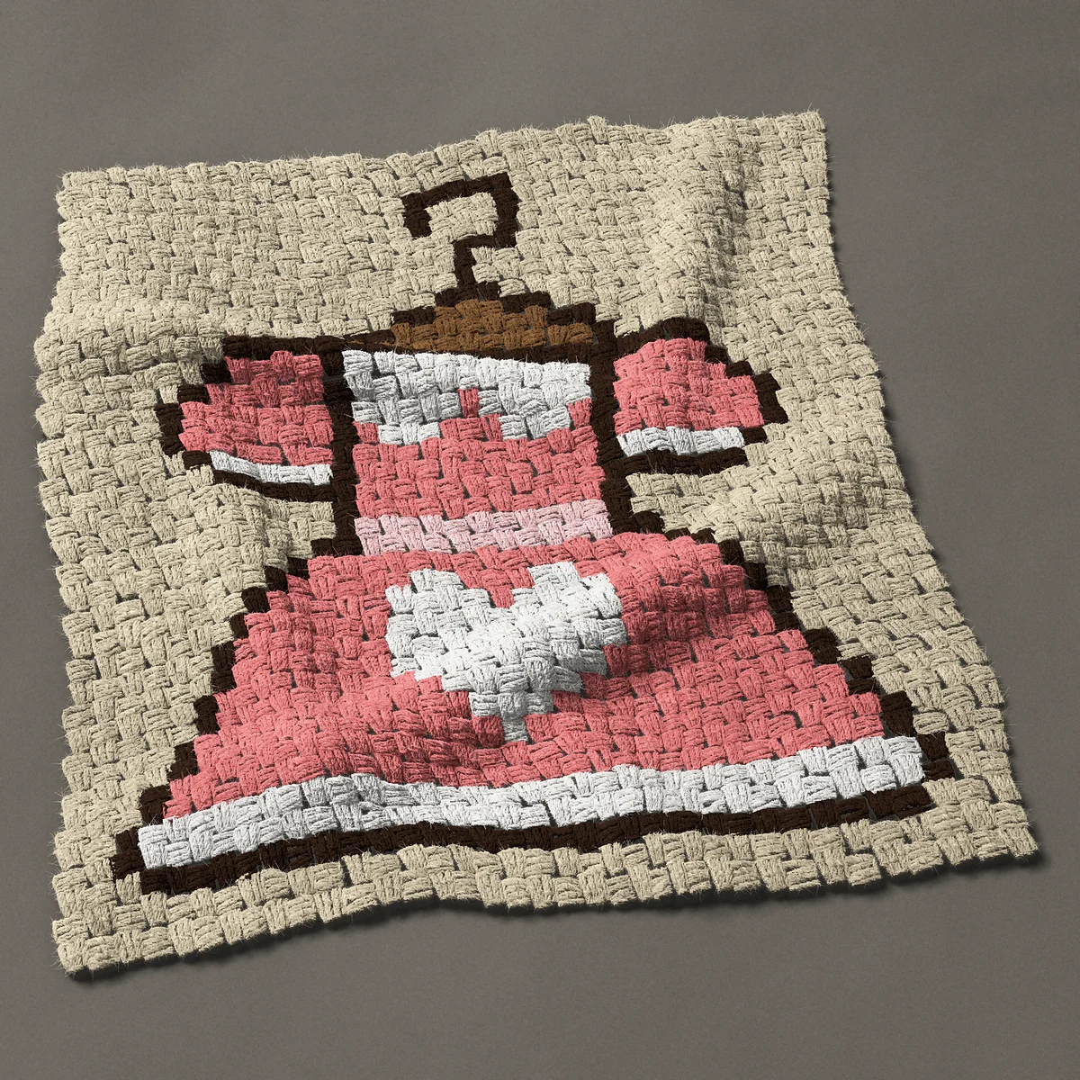 A panel worked corner to corner, 27¾ by 30¾ inches: Pink baby girl dress on a hanger with a white heart, 37 by 41 blocks