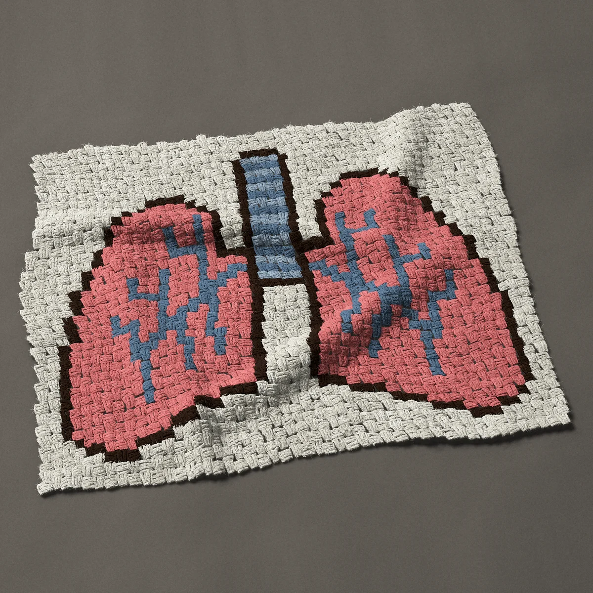 A panel worked corner to corner, 36 by 30 inches: Anatomical lungs: pink lungs with windpipe and airways, 48 by 40 blocks