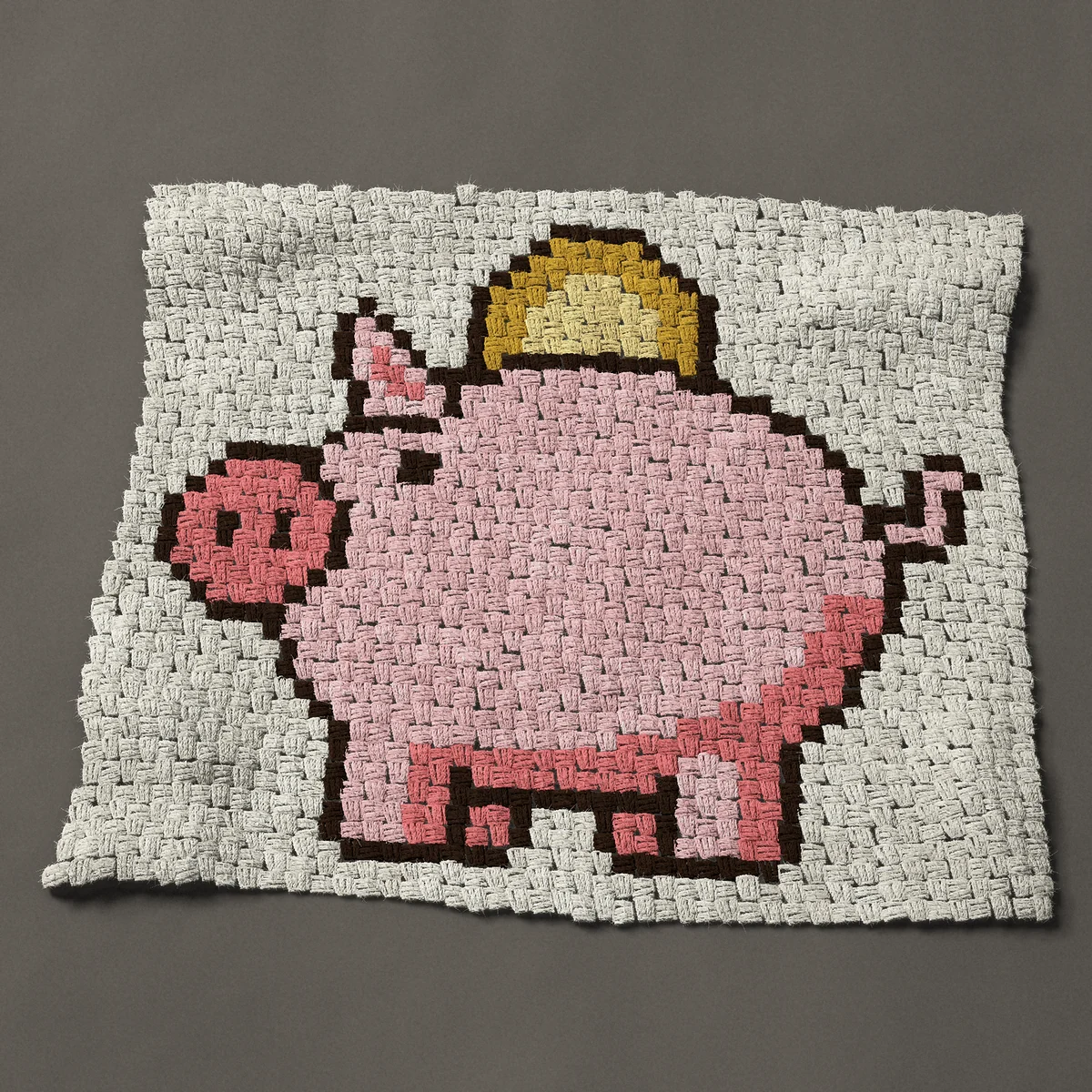 A panel worked corner to corner, 34½ by 30 inches: Pink piggy bank with a gold coin going in the slot, 46 by 40 blocks
