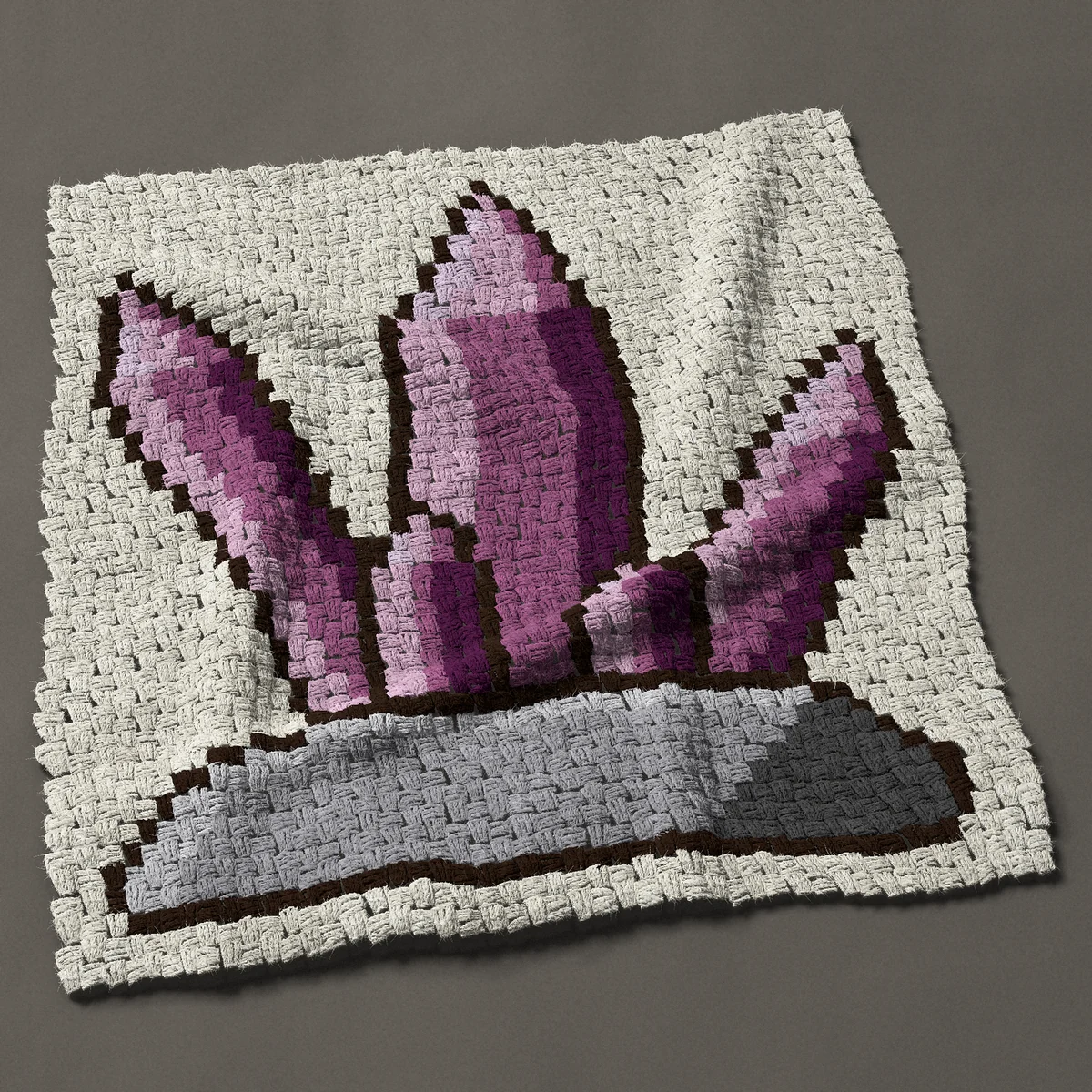 A baby blanket worked corner to corner, 35¼ by 37½ inches: Purple amethyst crystal cluster on a gray rock, 47 by 50 blocks