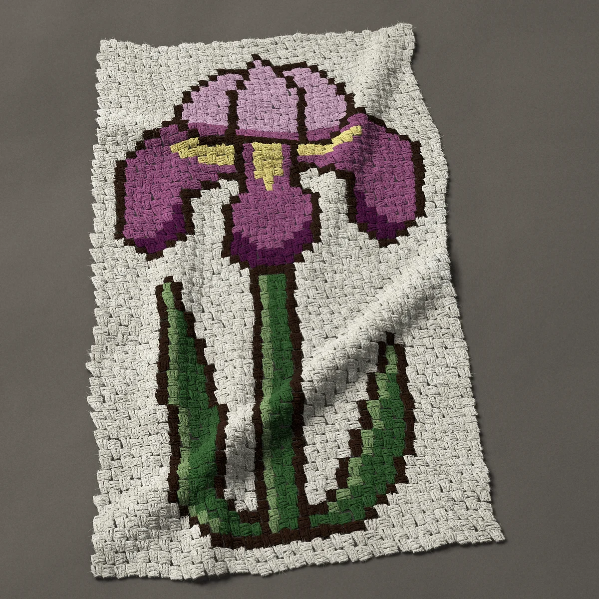 A baby blanket worked corner to corner, 27¾ by 49½ inches: Purple iris flower on a tall stem with two sword leaves, 37 by 66 blocks
