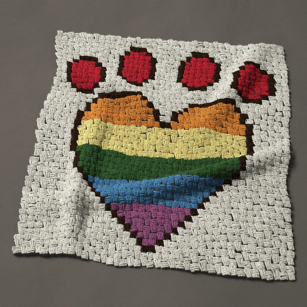 A panel worked corner to corner, 30 by 33 inches: Rainbow paw print with a heart-shaped pad, 40 by 44 blocks
