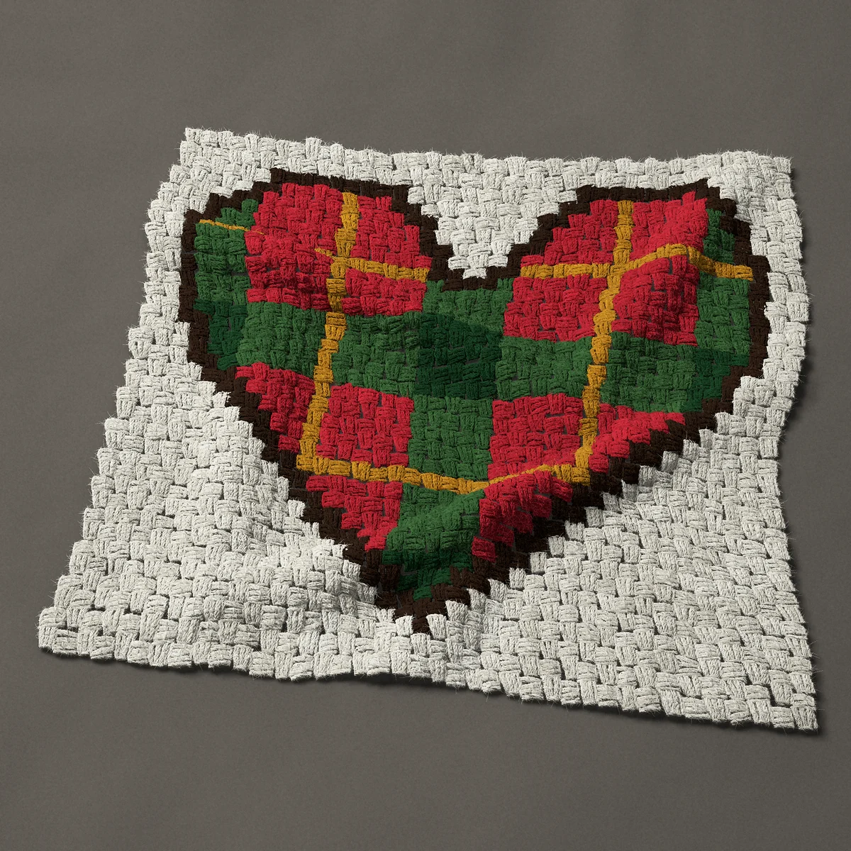 A panel worked corner to corner, 29¼ by 27¾ inches: Tartan heart in red and green plaid with gold lines, 39 by 37 blocks