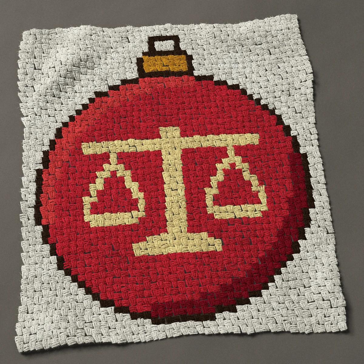 A baby blanket worked corner to corner, 33¾ by 39 inches: Red Christmas ornament with the scales of justice, 45 by 52 blocks