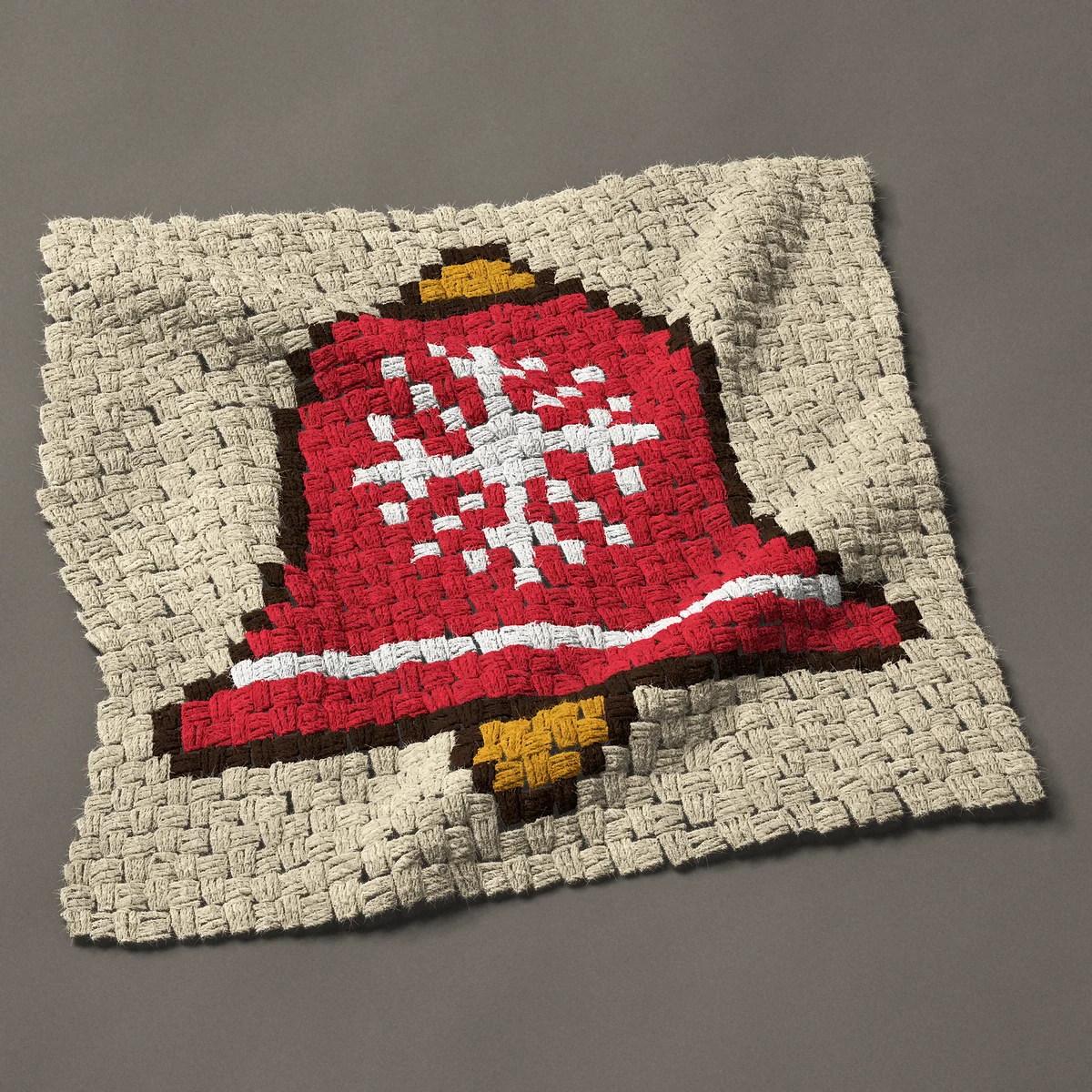 A panel worked corner to corner, 26¼ by 24¾ inches: Red Christmas bell ornament with a white snowflake, 35 by 33 blocks