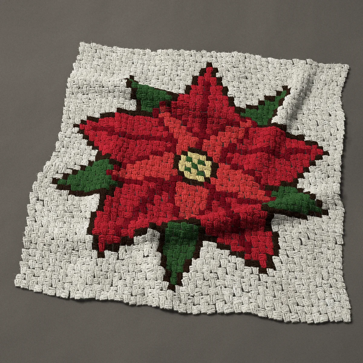 A baby blanket worked corner to corner, 35¼ by 36¾ inches: Red Christmas poinsettia flower seen from above, 47 by 49 blocks