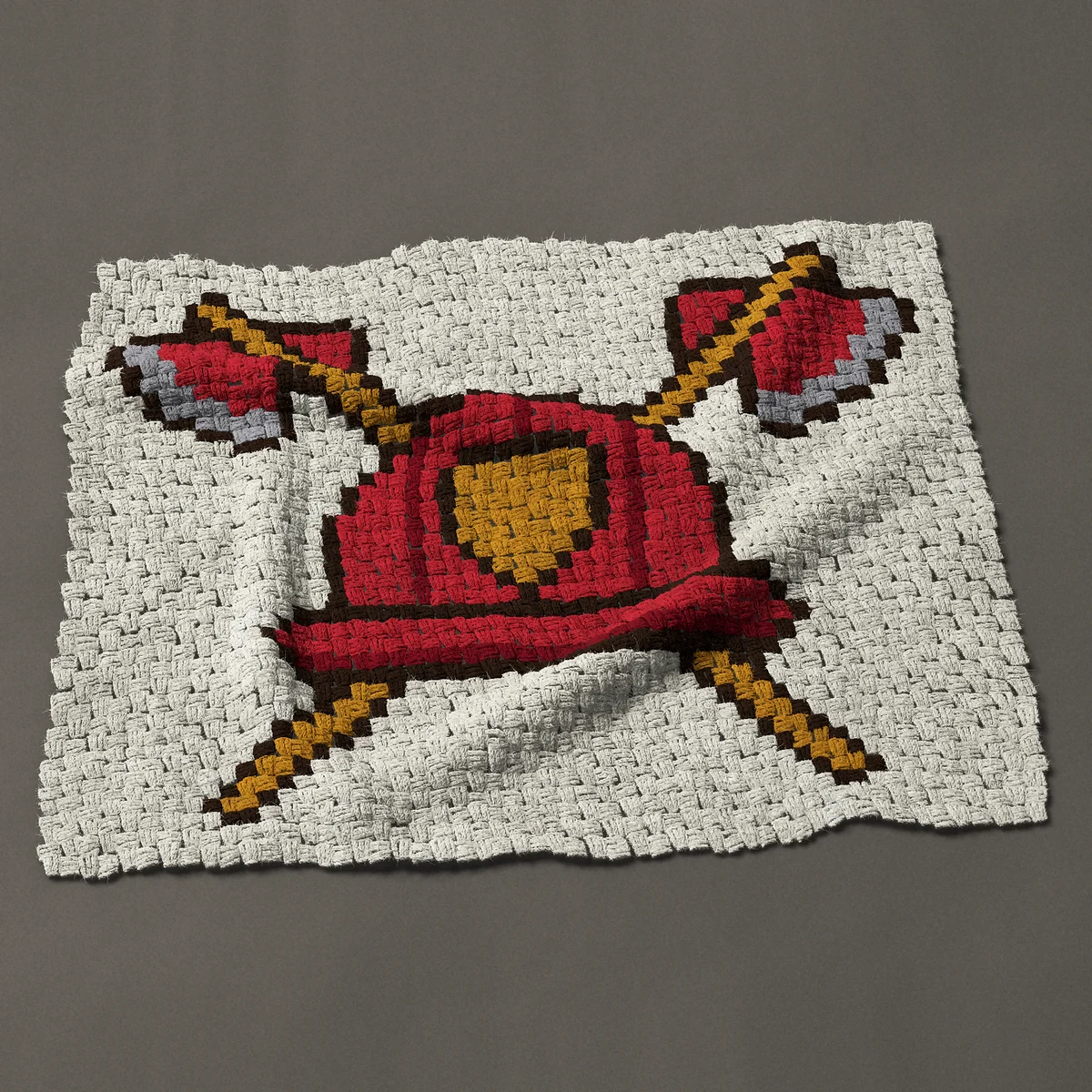 A baby blanket worked corner to corner, 39½ by 31½ inches: Red firefighter helmet (fireman hat) over crossed axes, 53 by 42 blocks