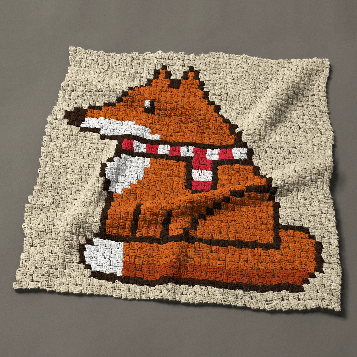 A panel worked corner to corner, 34½ by 35¼ inches: Red fox sitting in a red and white striped scarf, 46 by 47 blocks