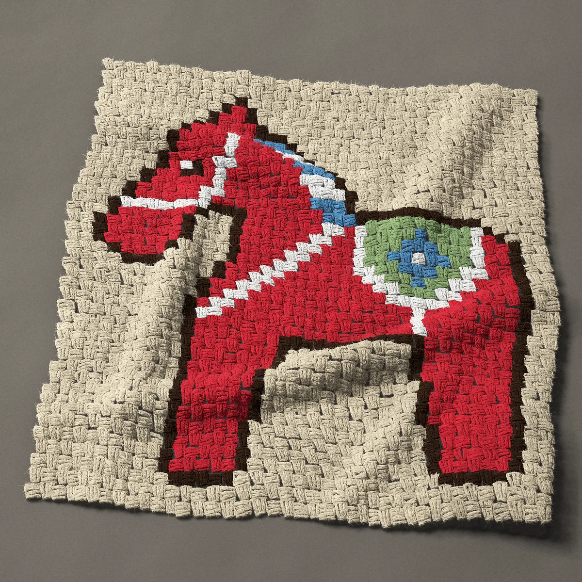 A panel worked corner to corner, 30 by 33 inches: Red Swedish Dala horse with a painted saddle, 40 by 44 blocks