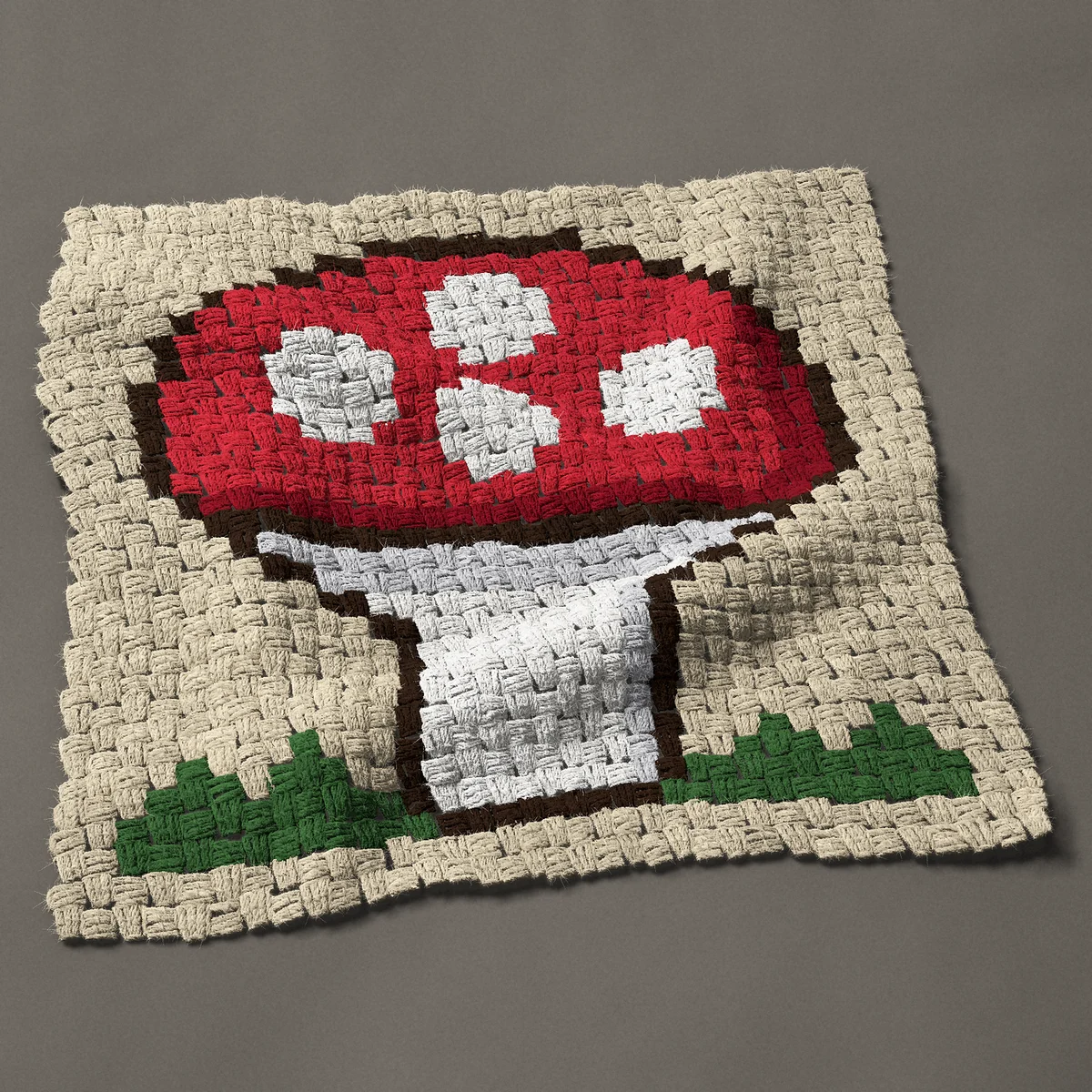 A panel worked corner to corner, 26¼ by 25½ inches: Red toadstool mushroom with white spots in the grass, 35 by 34 blocks