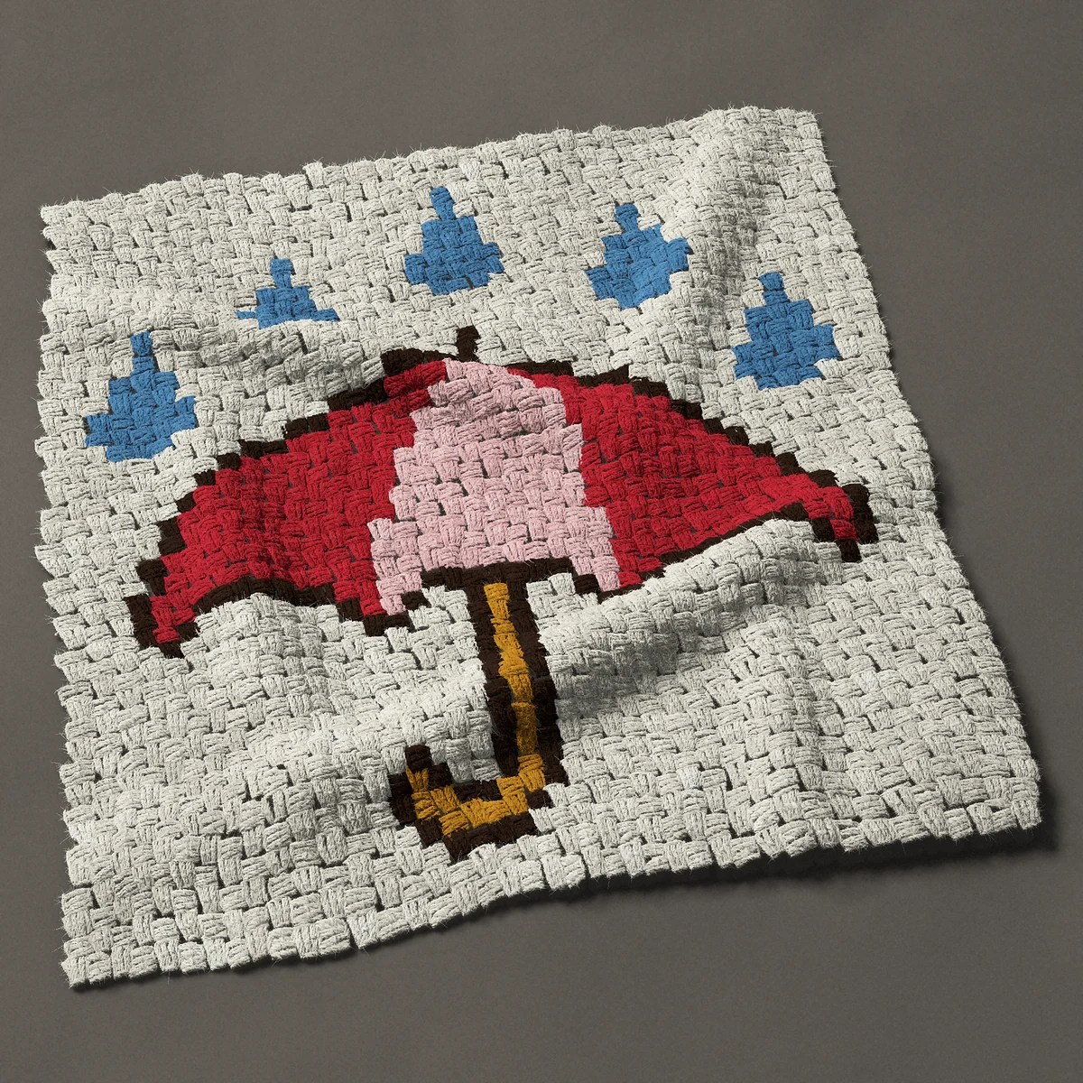 A panel worked corner to corner, 30¾ by 33 inches: Red umbrella in the rain with five blue raindrops, 41 by 44 blocks