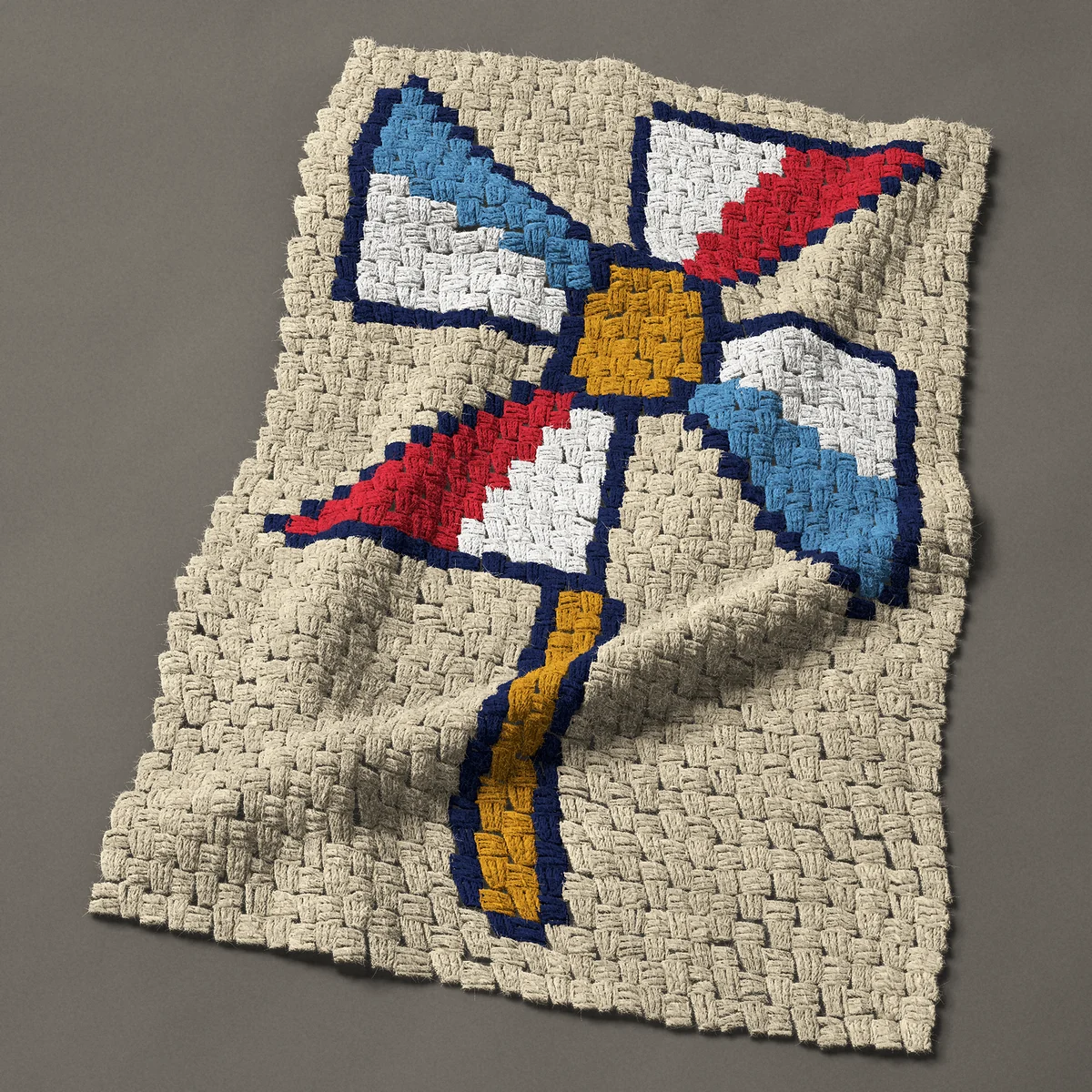 A panel worked corner to corner, 24 by 36 inches: Red, white and blue pinwheel for the 4th of July, 32 by 48 blocks