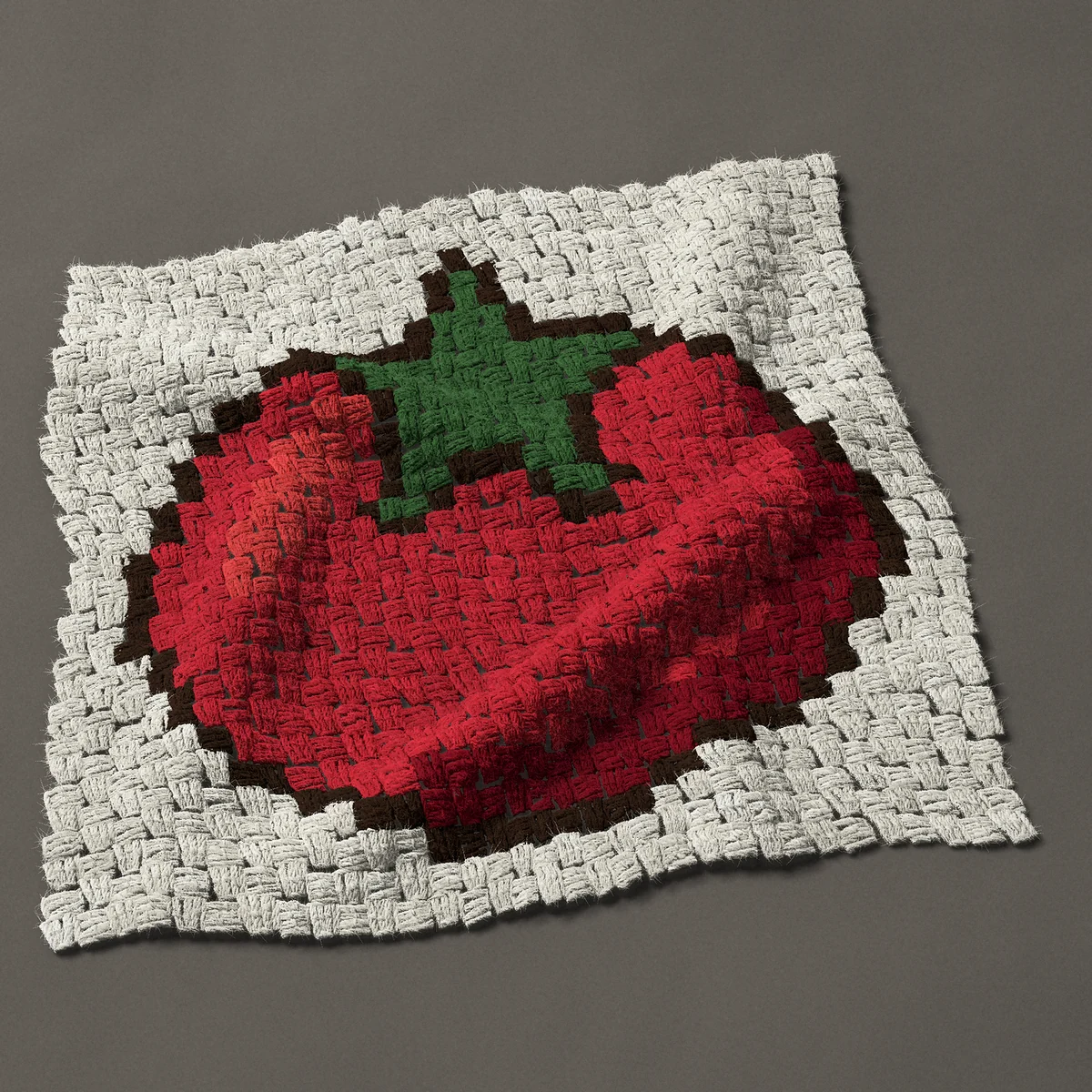 A panel worked corner to corner, 24¾ by 23¼ inches: Ripe red tomato with a green star-shaped top, 33 by 31 blocks