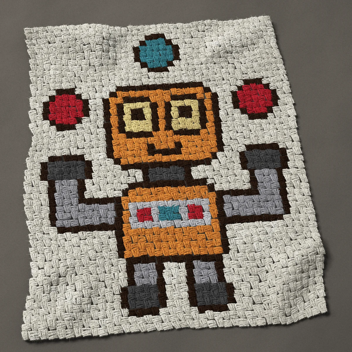 A panel worked corner to corner, 29¼ by 36 inches: Robot juggler: an orange robot juggling three balls, 39 by 48 blocks