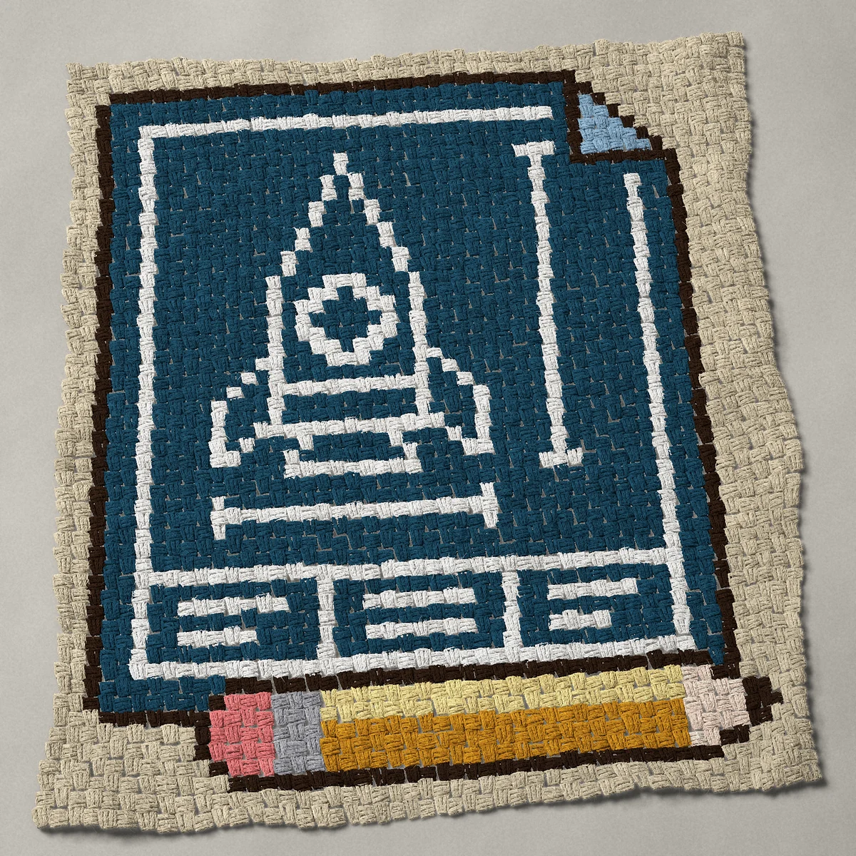 A baby blanket worked corner to corner, 36¾ by 41 inches: Engineering blueprint of a rocket with a yellow pencil, 49 by 55 blocks