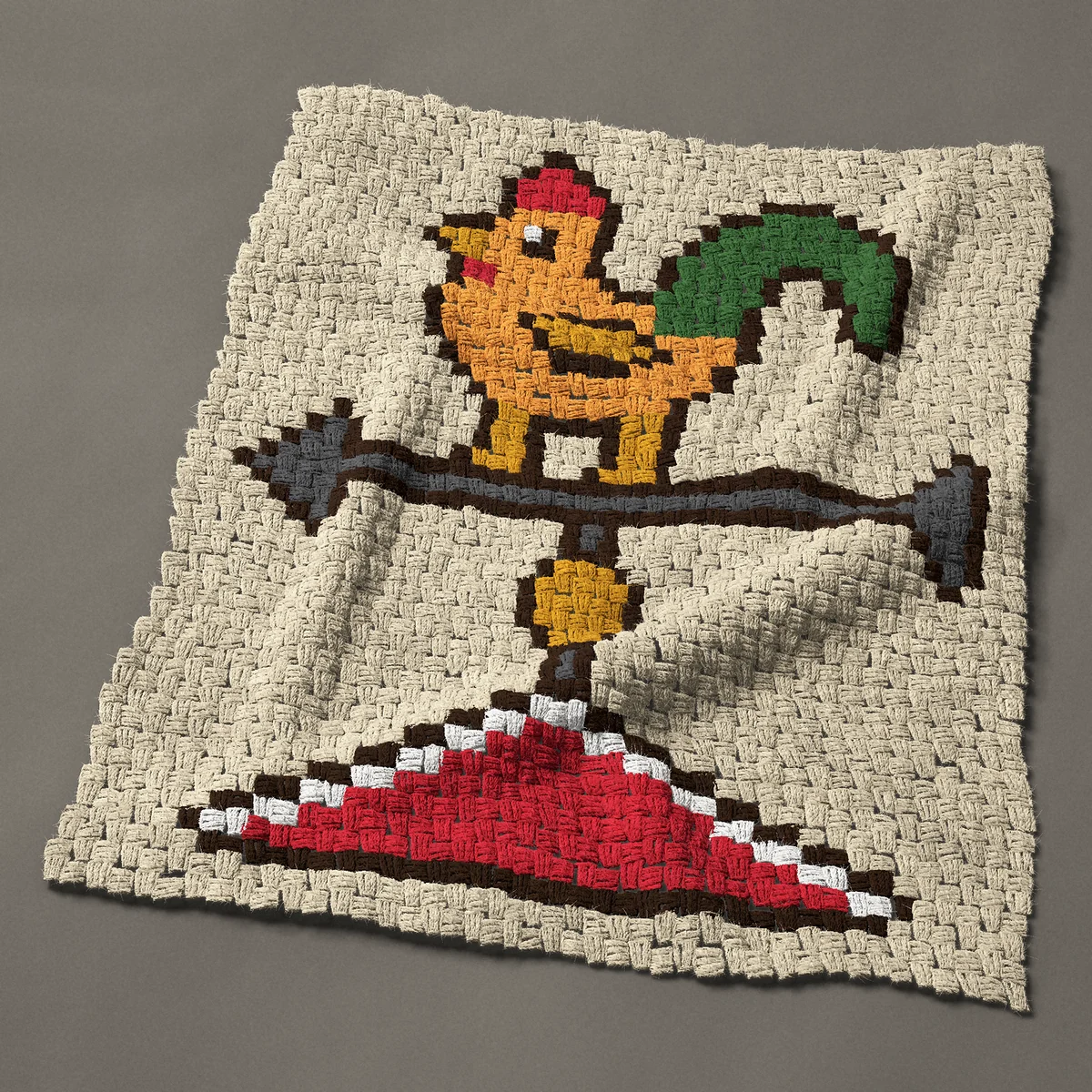 A baby blanket worked corner to corner, 32¼ by 37½ inches: Rooster weathervane on a red roof, 43 by 50 blocks