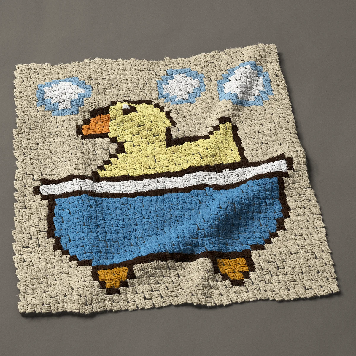 A panel worked corner to corner, 32¼ by 33¾ inches: Rubber duck in a blue bathtub with soap bubbles, 43 by 45 blocks