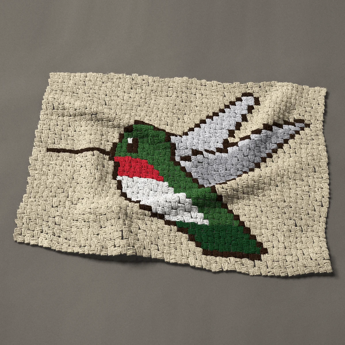 A baby blanket worked corner to corner, 38 by 28½ inches: Ruby-throated hummingbird hovering, 51 by 38 blocks