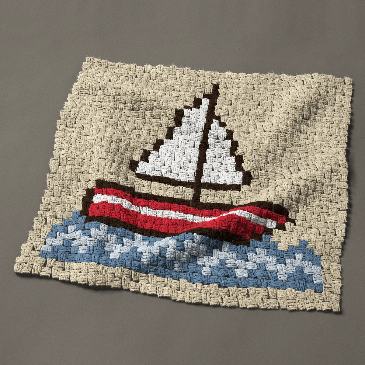 A panel worked corner to corner, 27¾ by 26¼ inches: Sailboat with white sails and a red hull on blue waves, 37 by 35 blocks